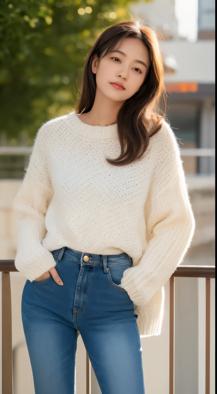 asian beautiful young lady wearing jeans and white sweater posing on a railing, in the style of xiaofei yue, 32k uhd, eiichiro oda, miki asai, light orange and dark beige, detailed facial features, subtle color variations
