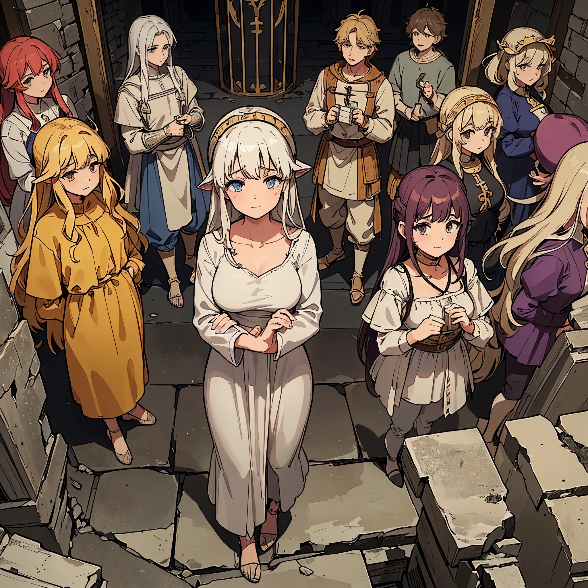 (((30 year olds)))、highest quality, best quality, best illustrations、((Broken building in medieval Greek style))、(((full body,From above))))、(Man of the Middle Ages々)、(medieval farmer)、(8 people、lots of people、multiple)、(cry、sad)、(various hairstyles、Various hair colors)、(pants)