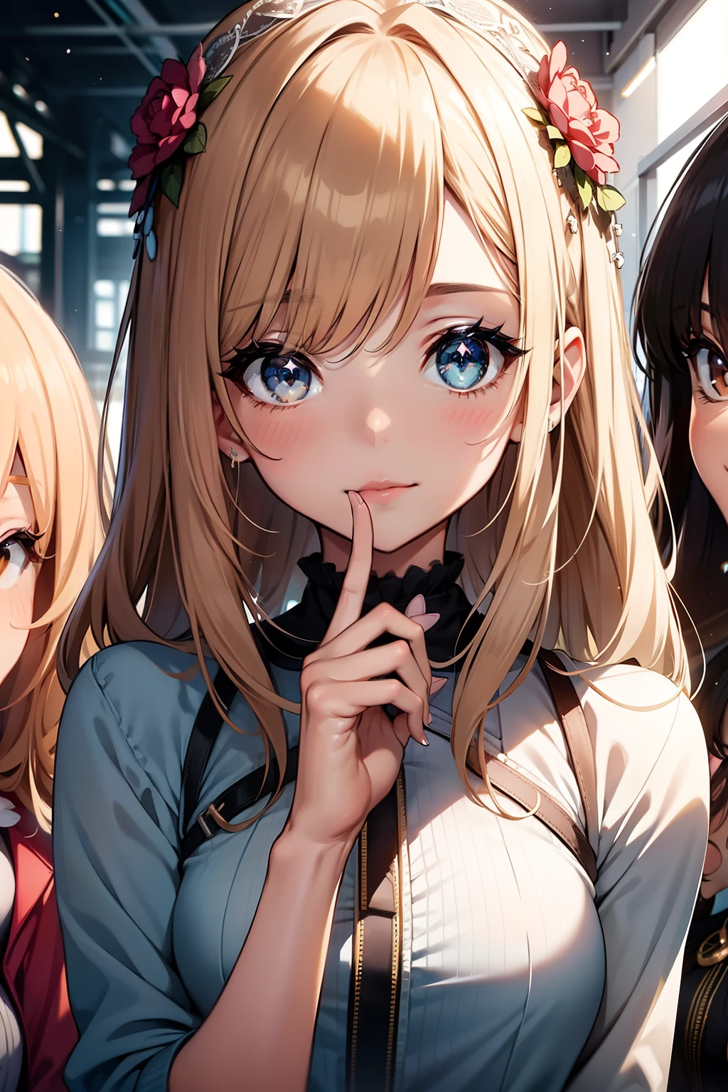 A stunning portrait of a threesome, capturing the essence of cuteness and girly charm in the style of Idolmaster. The image showcases the adorable faces of three girls, their expressions captured flawlessly in high-definition RAW photography. The image quality is nothing short of exceptional, with ultra-detailed features and a resolution so high it surpasses all expectations. Each facial feature is brought to life, from the sparkling eyes that shine like stars to the glossy, radiant skin that adds an extra layer of charm. The composition is a masterpiece, perfectly highlighting the unique qualities of each girl. With their ultra-high res images, every detail of their appearance is magnified, showcasing their individuality and enhancing their overall appeal. This image is truly a work of art,