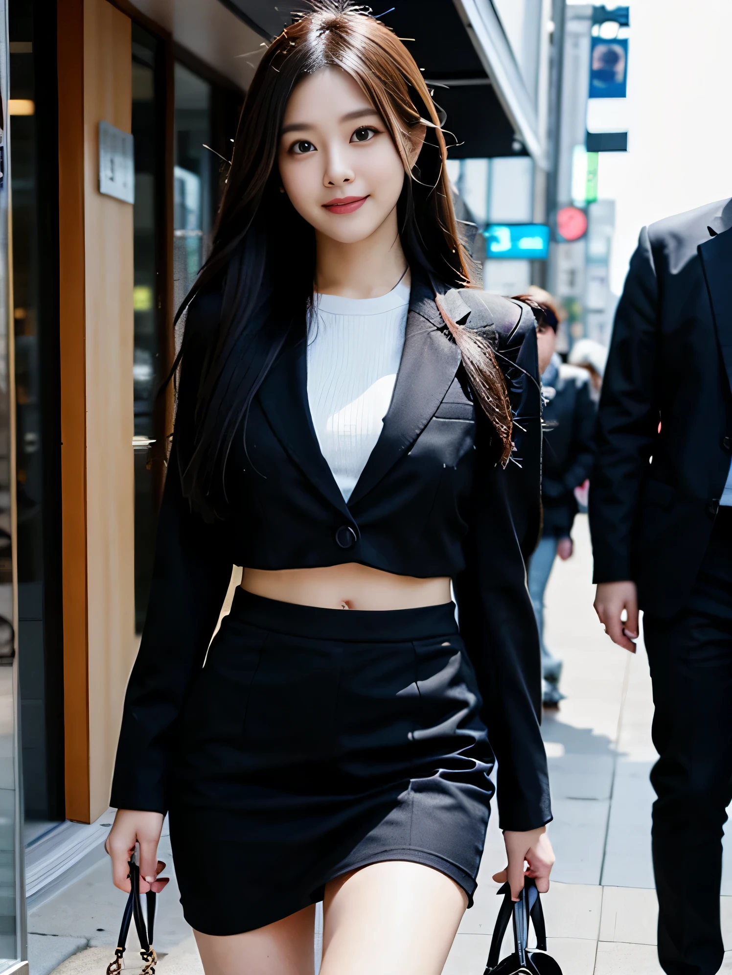 long black hair, woman, suit,Tight Skirt、big breasts、 thin, 25 years old, smile、Japanese、Shinjuku、city、background blur