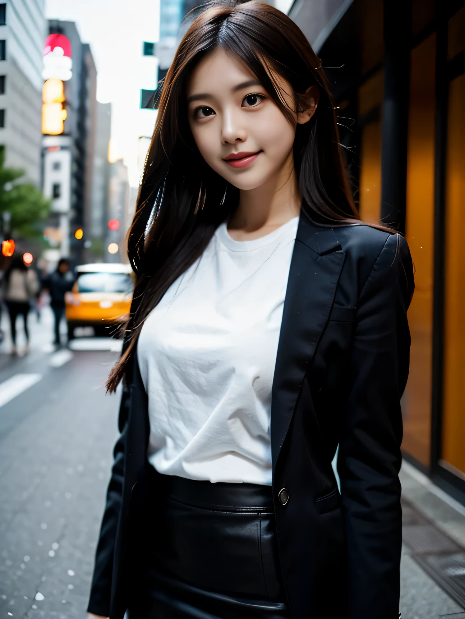 long black hair, woman, suit,Tight Skirt、big breasts、 thin, 25 years old, smile、Japanese、Shinjuku、city、background blur