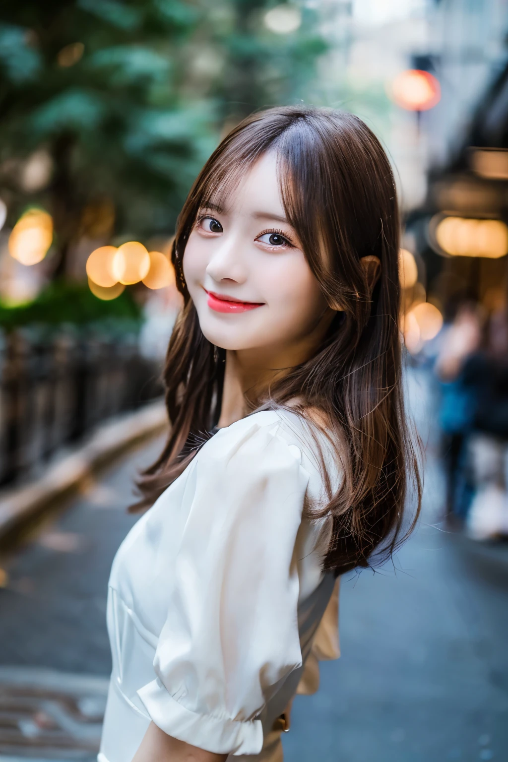 ((Best quality, 8k, Masterpiece :1.3)), 1girl, smiling, full body, slim face, Pretty woman, (Dark brown hair), full length white dress :1.1, Ultra-detailed face, Detailed eyes, Double eyelid,  blur background, slim face, city, outside, street,