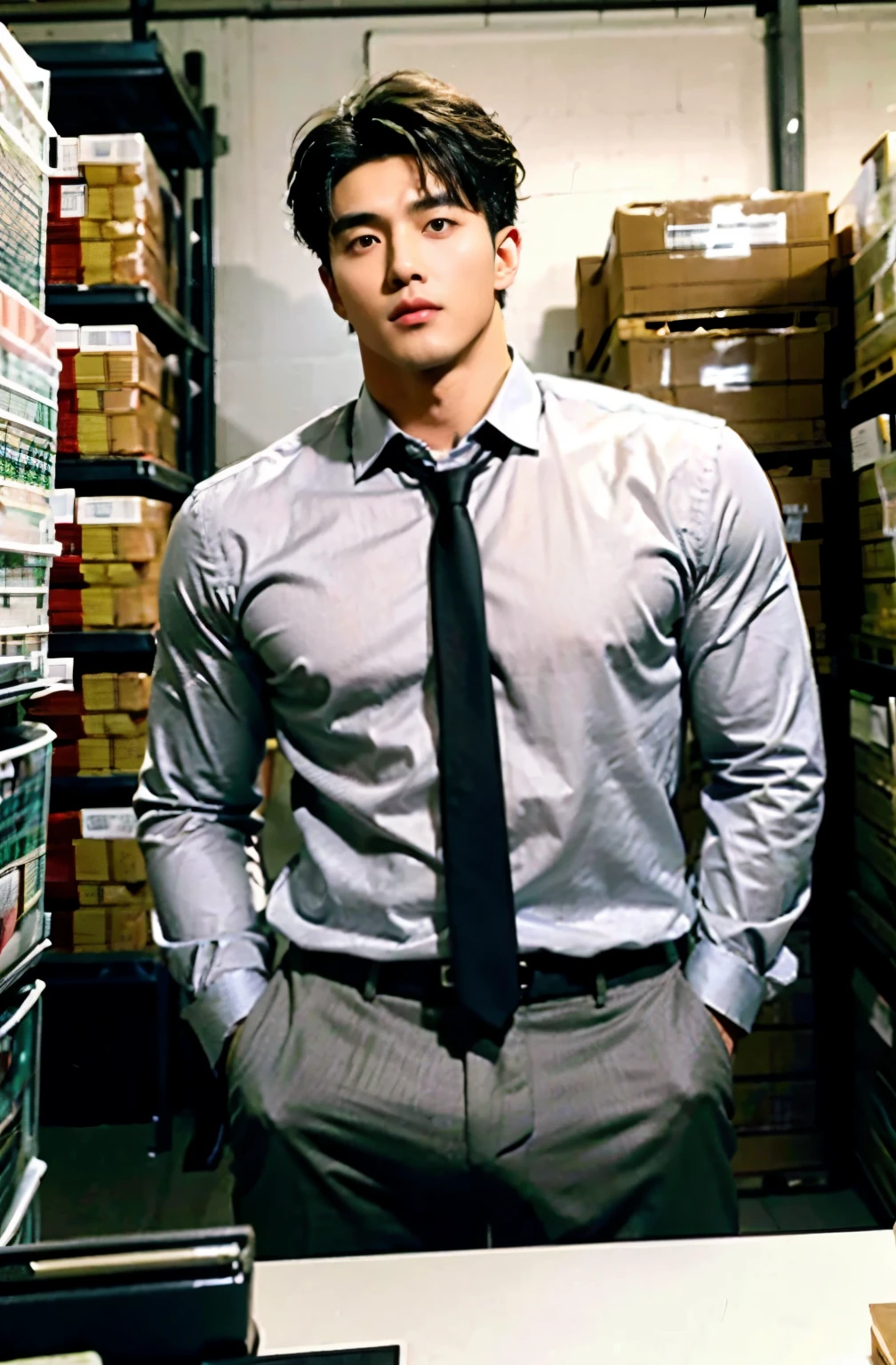 1 handsome Korean guy，27 years old，Corporate executives，Who is Shi Yu?, Li Yuanbin, Kim Hyung Tae, Kim Hyung Tae,,Kim Hyung Tae, Yin Shishan, Handsome athletic guy，Broad shoulders and narrow waist，Dress shirts and ties,Handsome and elegant, sexy masculine，A handsome guy wearing a black and gray suit, wearing shirt，The neckline is slightly open, Form-fitting fabric contours the bust，in a remote warehouse，hands tied behind back。hands tied behind back，Masculine and handsome，High，Muscles look good，hairy body，Wheat complexion，black eyes（thin eyes 1：3），whole body image