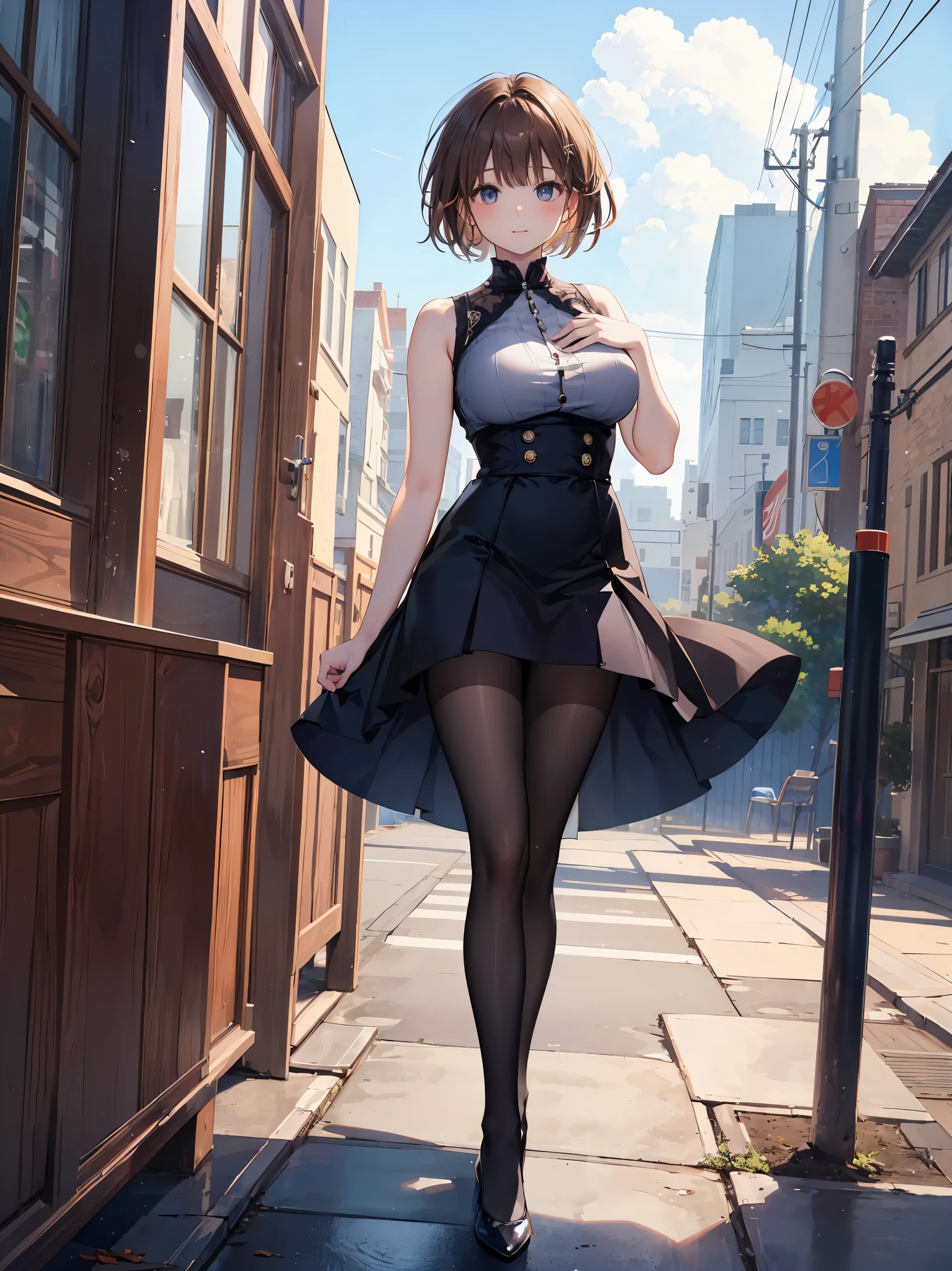 (8K、highest quality、masterpiece:1.2)、(realistic、Photoreal:1.2)、Standing and looking at me、Angle seen from the ground、Upskirt、Beautiful sky after rain、looking at the viewer、laughter、big and full breasts、fine and beautiful eyes、brown hair、(short hair:1.1)、pantyhose, one piece、sleeveless, masterpiece, highest quality, super detailed、cross your legs、raise one leg、
