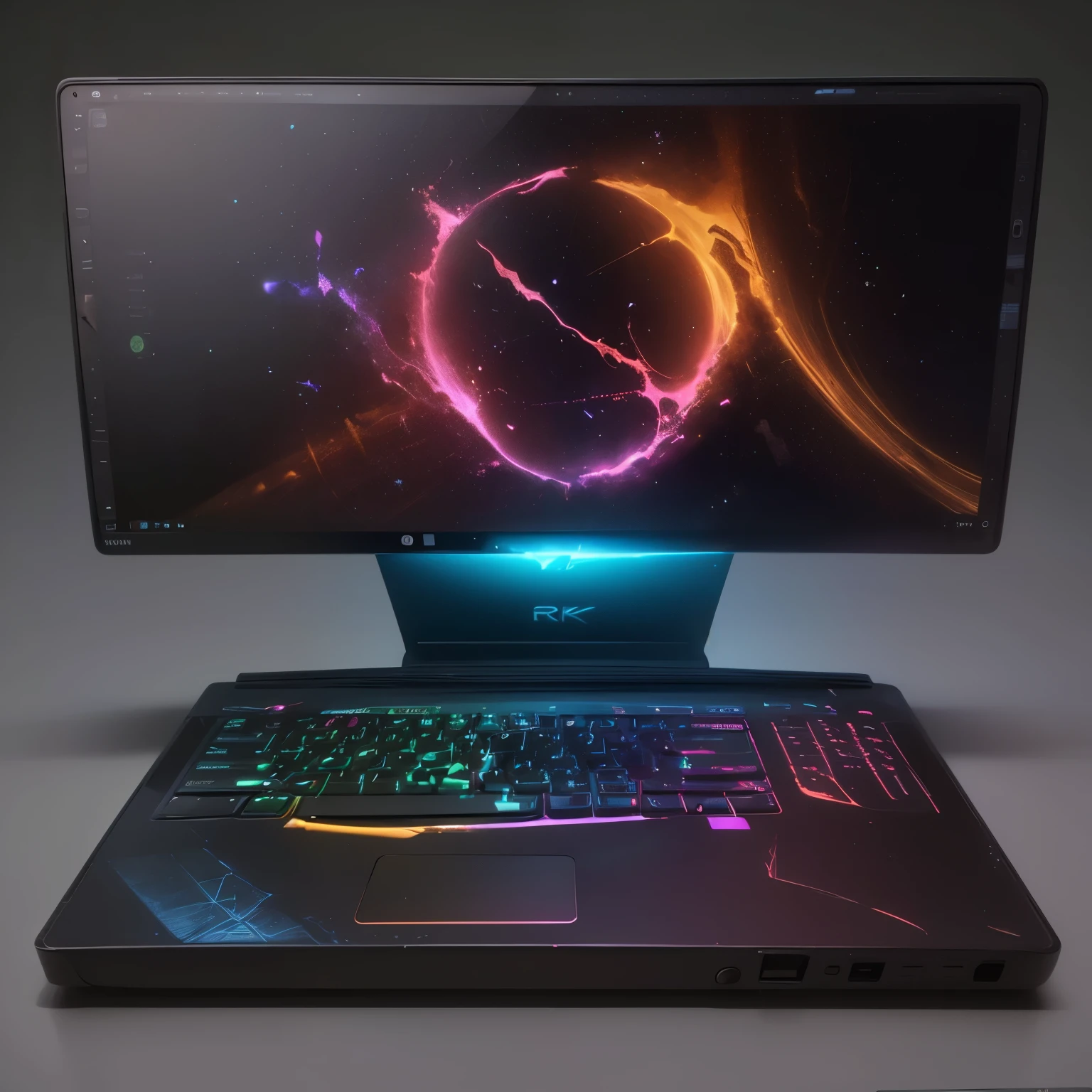 (Best quality,4K,8K,A high resolution,Masterpiece:1.2),Ultra-detailed,(Realistic,Photorealistic,photo-realistic:1.37), 8k laptop render, multiple ports at the front, a gaming laptop, custom laptop, glowing rune symbols on the left and the right of the trackpad detachable screen, rune letters on the side of the laptop, full view, laptop made of magical iron, rune markings on the body of the laptop, RGB lights, colorful lights full device, big laptop, sci-fi laptop, futuristic laptop, fantasy laptop, magical laptop