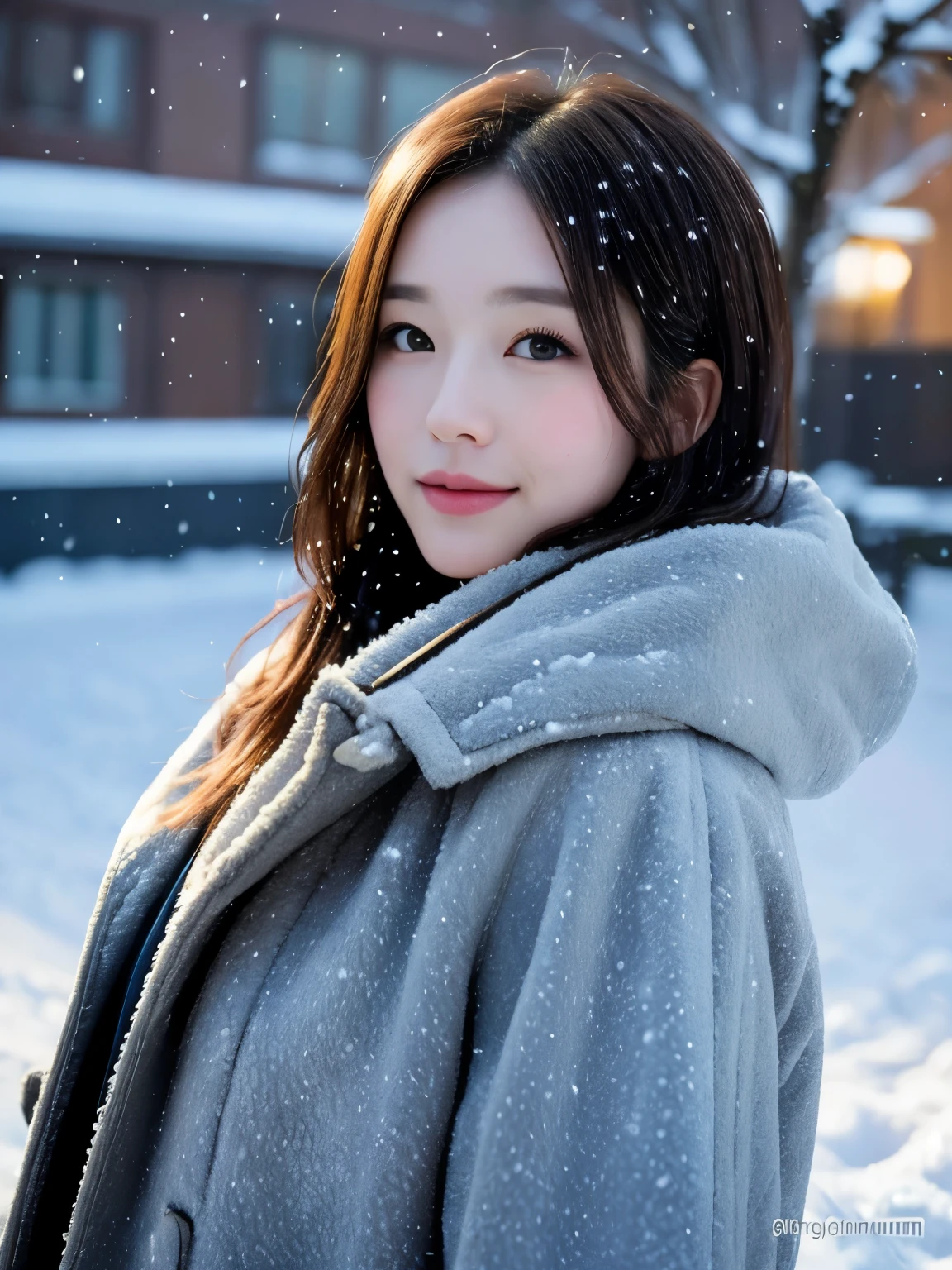 realistic pictures (1 cute korean star) shoulder length hair, light makeup, medium chest size, wearing a coat, in the snow, clear facial features, 8K high resolution, Sharp, realistic details.from outside, eye level shot, f/4.0, 135mm, fujifilm, jpeg artifact, dithering, Hmm, masterpiece