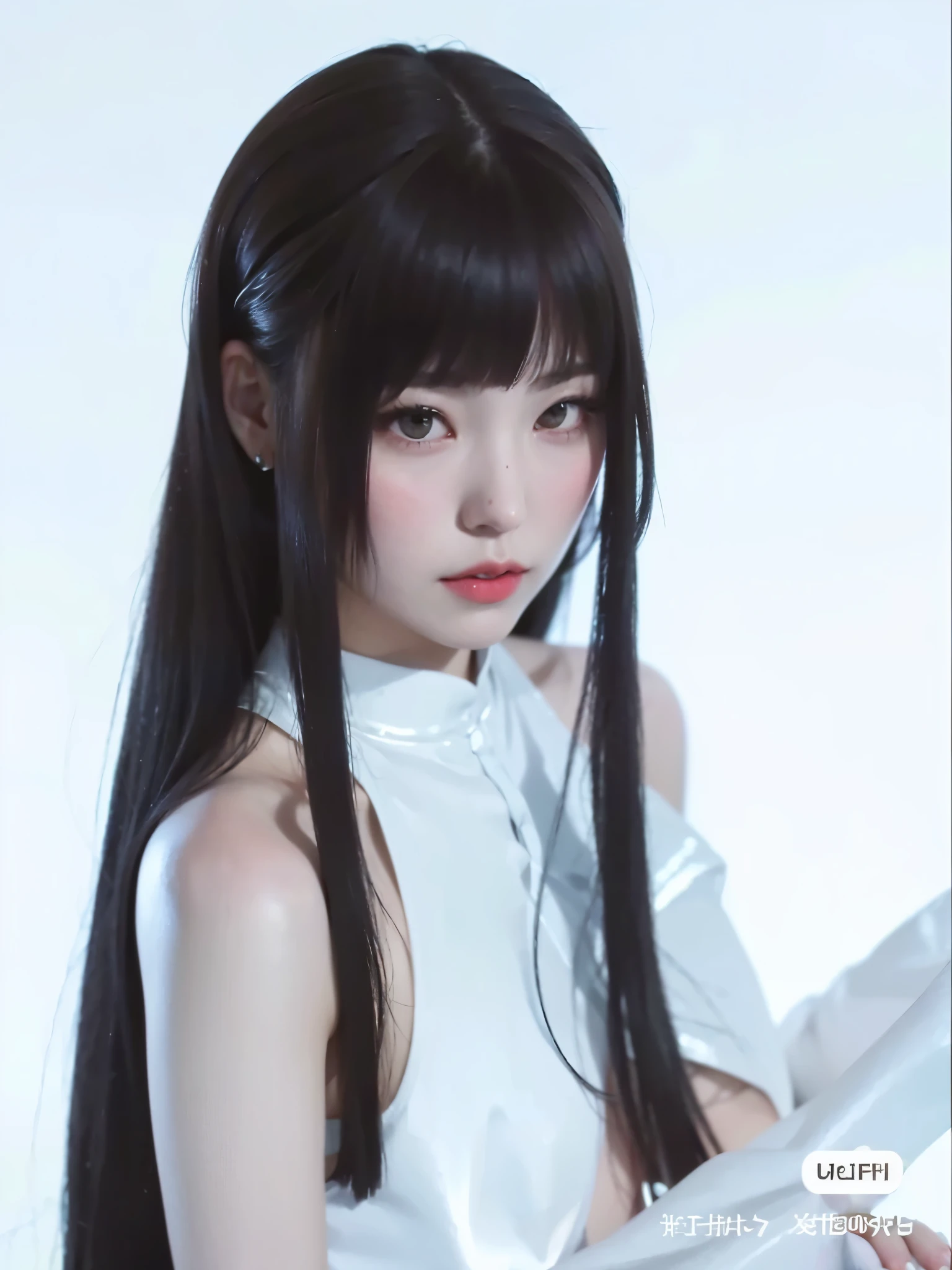 un primer plano de una mujer con cabello largo y negro y un vestido blanco, peinado de corte hime blanco, pelo cortado hime negro, seductive retrato de tifa lockhart, overlord albedo, iu lee ji-eun como supervillano, chica anime cosplay, tifa lockhart con el pelo blanco, retrato de tifa lockhart, sui ishida con cabello negro