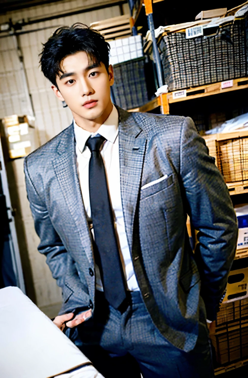 1 handsome Korean guy,27 years old,Corporate executives,Who is Shi Yu?, Li Yuanbin, Kim Hyung Tae, Kim Hyung Tae,,Kim Hyung Tae, Yin Shishan, Handsome athletic guy,Broad shoulders and narrow waist,Dress shirts and ties,Handsome and elegant, sexy masculine,A handsome guy wearing a black and gray suit, wearing shirt,The neckline is slightly open, Form-fitting fabric contours the bust,in a remote warehouse,hands tied behind back。hands tied behind back,Masculine and handsome,High,Muscles look good,hairy body,Wheat complexion,black eyes(thin eyes 1:3),whole body image