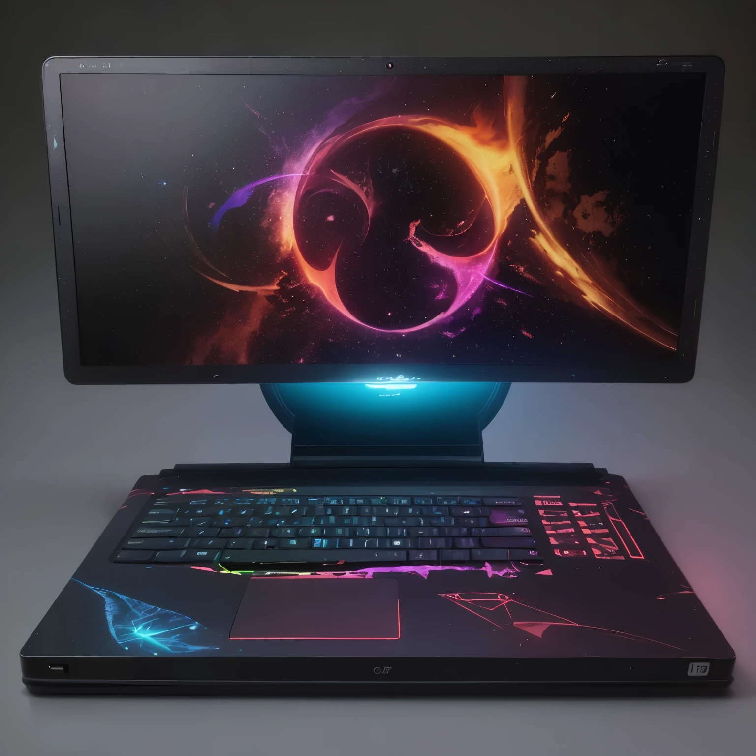 (Best quality,4K,8K,A high resolution,Masterpiece:1.2),Ultra-detailed,(Realistic,Photorealistic,photo-realistic:1.37), 8k laptop render, multiple ports at the front, a gaming laptop, custom laptop, glowing rune symbols on the left and the right of the trackpad detachable screen, rune letters on the side of the laptop, full view, laptop made of magical iron, rune markings on the body of the laptop, RGB lights, colorful lights full device, big laptop, sci-fi laptop, futuristic laptop, fantasy laptop, magical laptop