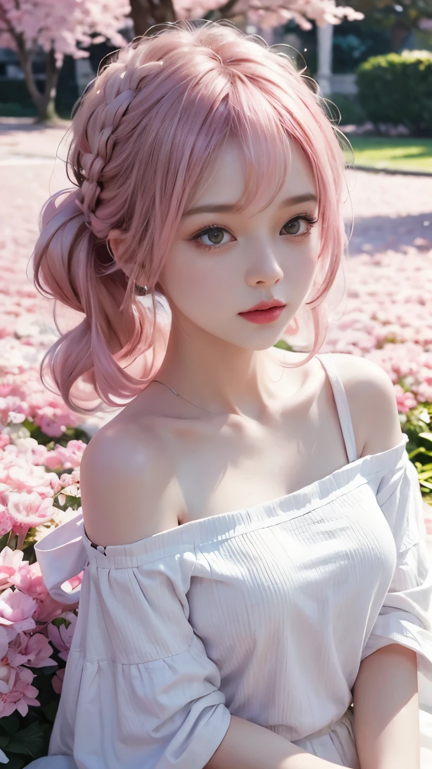 1girl, in park, hair bang, hairstyles, in the style of pink e and light off shoulder t-shirts,, dreamy and romantic compositions, white, playful arrangements, fantasy, high contrast, ink strokes, over exposure, pink and white tone impression, abstract, attractive pose,