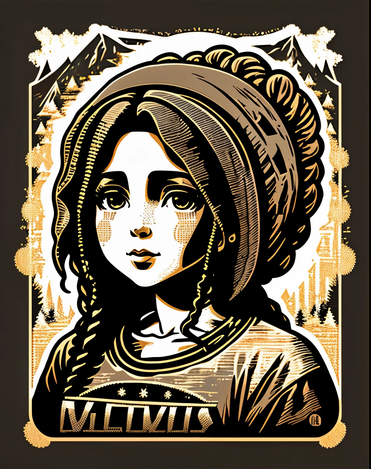 integrado, black dreadlocks skin Virgin Mary ,residencial Himmer dirigindo nas montanhas, Great detail vector graphic on a t-shirt
