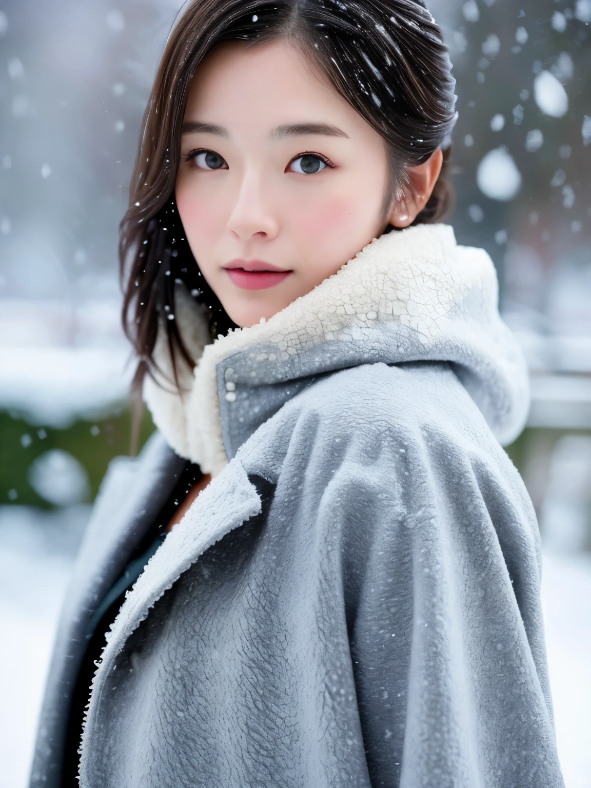 realistic pictures (japanese actress) shoulder length hair, light makeup, medium chest size, wearing a coat, in the snow, clear facial features, 8K high resolution, Sharp, realistic details.from outside, eye level shot, f/4.0, 135mm, fujifilm, jpeg artifact, dithering, Hmm, masterpiece