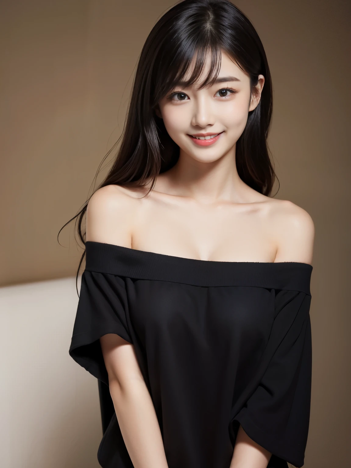 highest quality, masterpiece, ultra high resolution, realistic, 1 girl, big chest、long black hair、off shoulder, smile、Japanese、casual