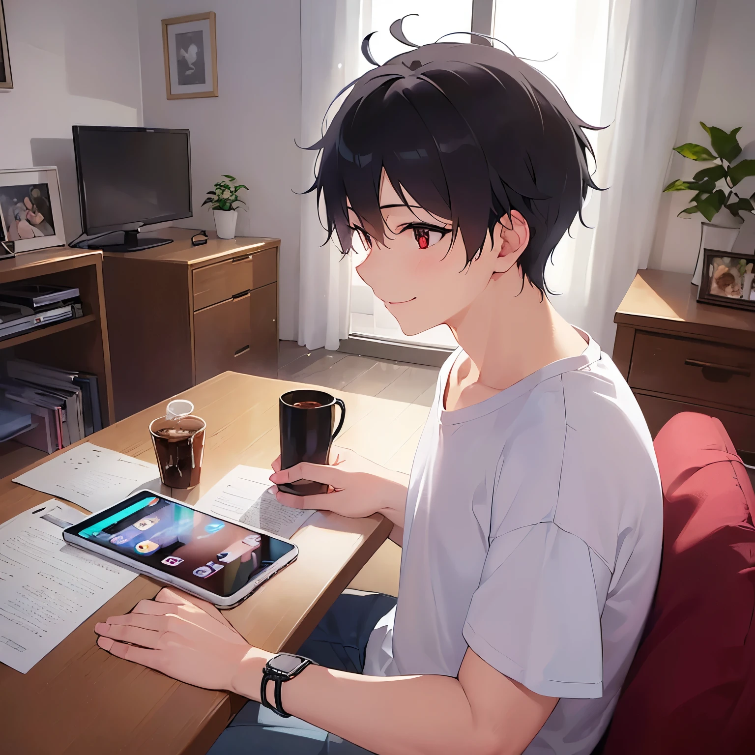 (looking away:1.5)、side angle, masterpiece、highest quality、(25 year old male:1.5) and (brown short hair) and (red eyes), wearing a plain white T-shirt、(smile:1.3)、The background is the living room、(Alone:1.5)