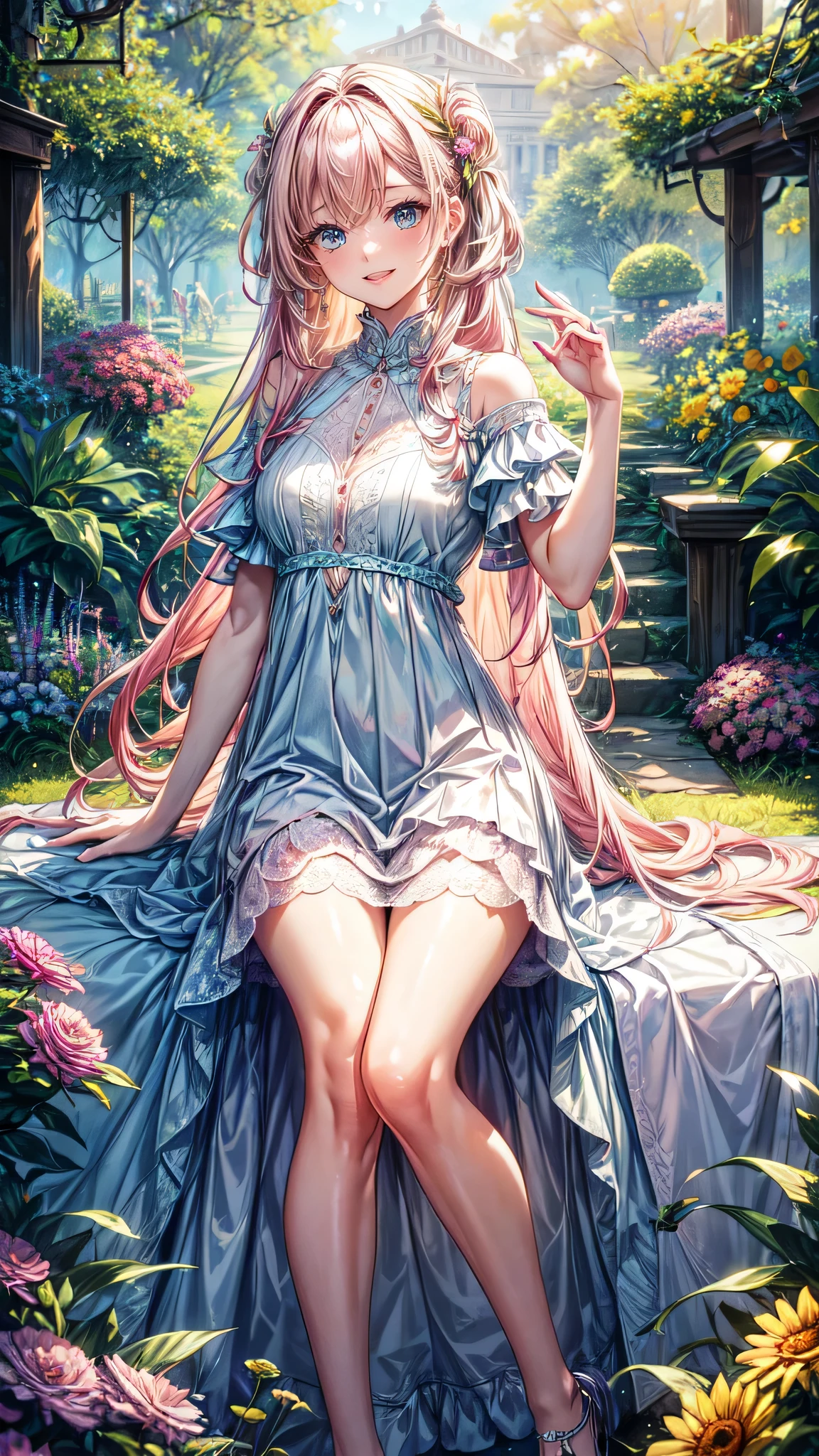 (best quality, 8k, masterpiece:1.2, nsfw ), Cutest, Cute girl, Beautiful face, Beautiful eyes, Beautiful hair, Light pink hair, Lots of colorful flowers, sunshine, peaceful garden, summer dress, smiling, golden hour lighting, vibrant colors, happy expression,　 soft breeze, gentle makeup, freckles, blonde hair, flowing dress, pastel color, beautiful atmosphere, fluttering butterflies, dreamy atmosphere), vivid greenery, smile, posing like an angel