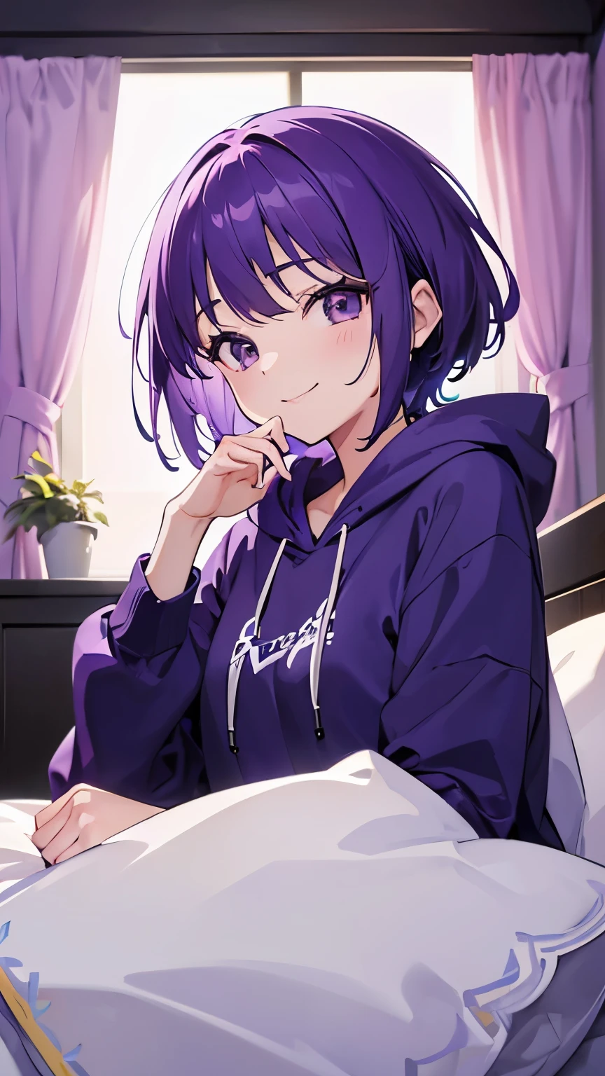(T Masterpiece,4k wallpaper,best quality))、((girl1people))、(solo)、Shining and vivid,(purple hair)、(shortcut:1.3)、smile、Bedroom、night、hoodie