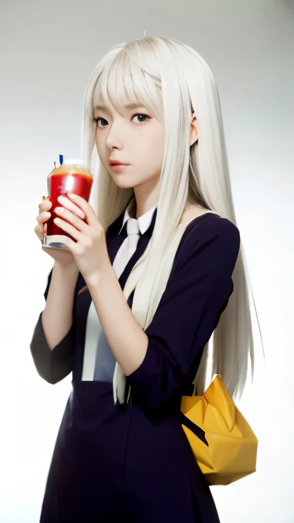 anime girl with a bag of food and a drink, yuruyuri, shikamimi, shiro from deadman wonderland, nyaruko-san, by Kamisaka Sekka, girl with white hair, anime style like fate/stay night, inspired by Kamisaka Sekka, anime girl drinks energy drink, anime girl with long hair, holding a stuff