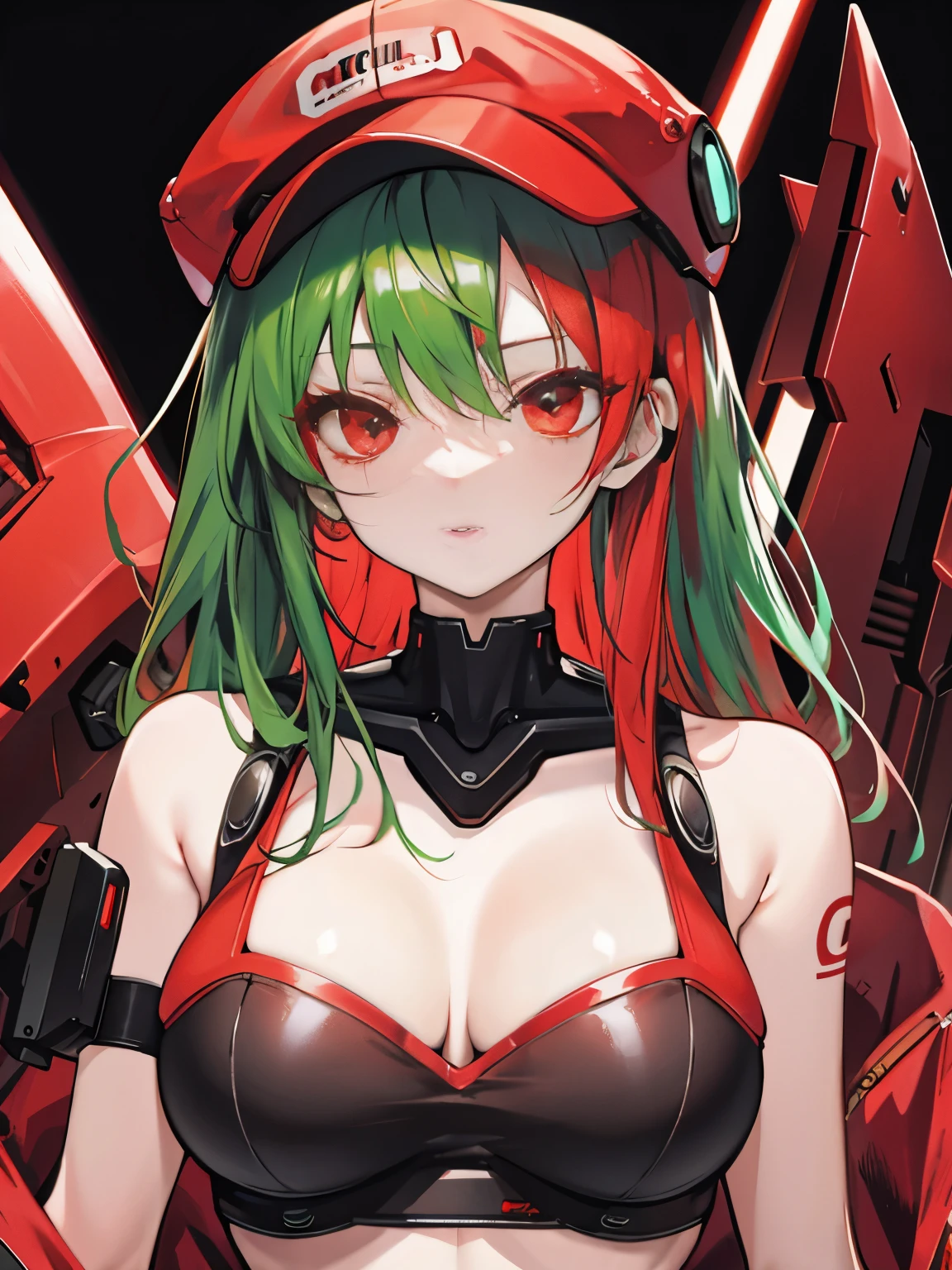 Cyborg red hat with green and red hair cybernetic eyes