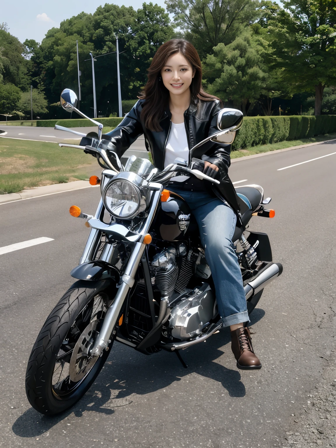 Super detailed, High resolution, (realistic, Photoreal:1.4), 8K, RAW photo, (masterpiece), (highest quality), (The details are very fine)、Physically based rendering, ((((ride a motorcycle))))、Female college student, long brown hair, Korea,  smile、((long legs))、slender body、silver jacket、long pants