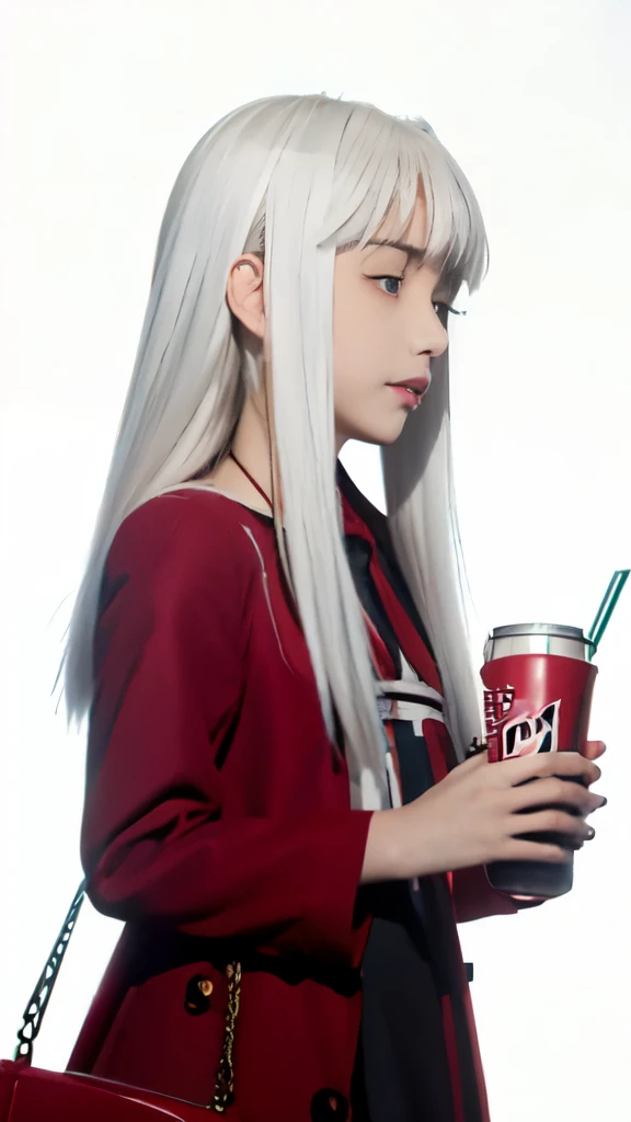 anime girl with a bag of food and a drink, yuruyuri, shikamimi, shiro from deadman wonderland, nyaruko-san, by Kamisaka Sekka, girl with white hair, anime style like fate/stay night, inspired by Kamisaka Sekka, anime girl drinks energy drink, anime girl with long hair, holding a stuff