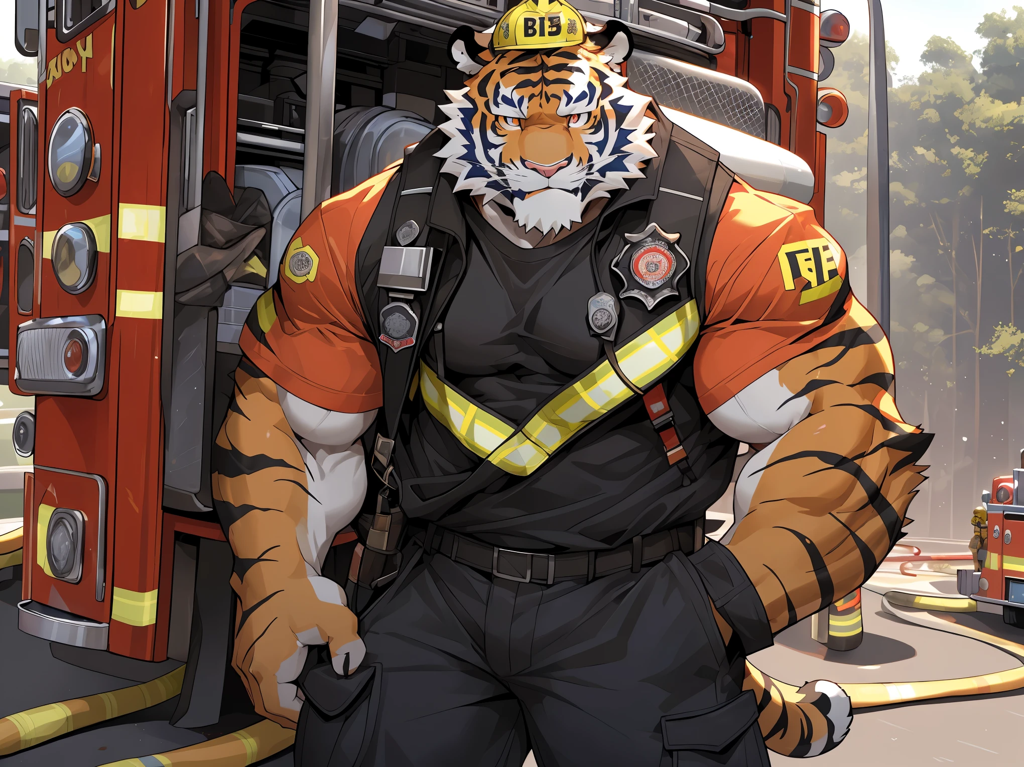 disney,anime character with tiger, tiger_beast, Firmware version, high resolution committee, ((tiger)), gigachad muscular, muscular!!, only, muscular!, anthropomorphic tiger, muscular character, Kushat Konzi, super detailed!!, muscular!!!, beefy, whole body commission, Full body details are very rich,16k,(Full body close-up:1.2),(The two eyes are not the same color,different color pupils:1.3),HD,(colored hair:1.3),(firefighter:1.5),Take Fire station,firefighter attire,firefighter top,firefighter pants,firefighter boots,firefighter helmet)