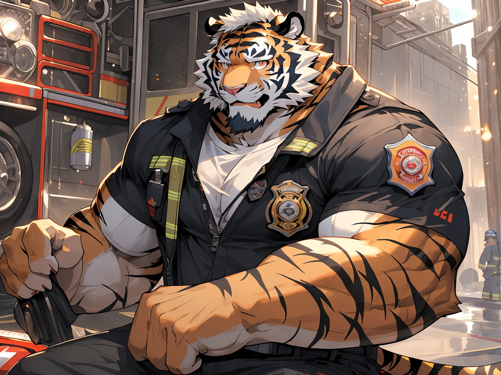 masterpiece, best quality, 8k resolution, Very detailed, hairy,tiger,((red hair)),muscle,Strong,超大muscle,((Sweating)),(((Purple Eyes))),For the audience,(((firefighter clothing))),portrait,(((helmet))),(Highest quality scene),(((fire truck))),on the street,(((smiling))),(((Hip bulge))),(((Ultra clear eyes)),(((Blushing))),((Solitary)),((whole body)),(((golden fur)))