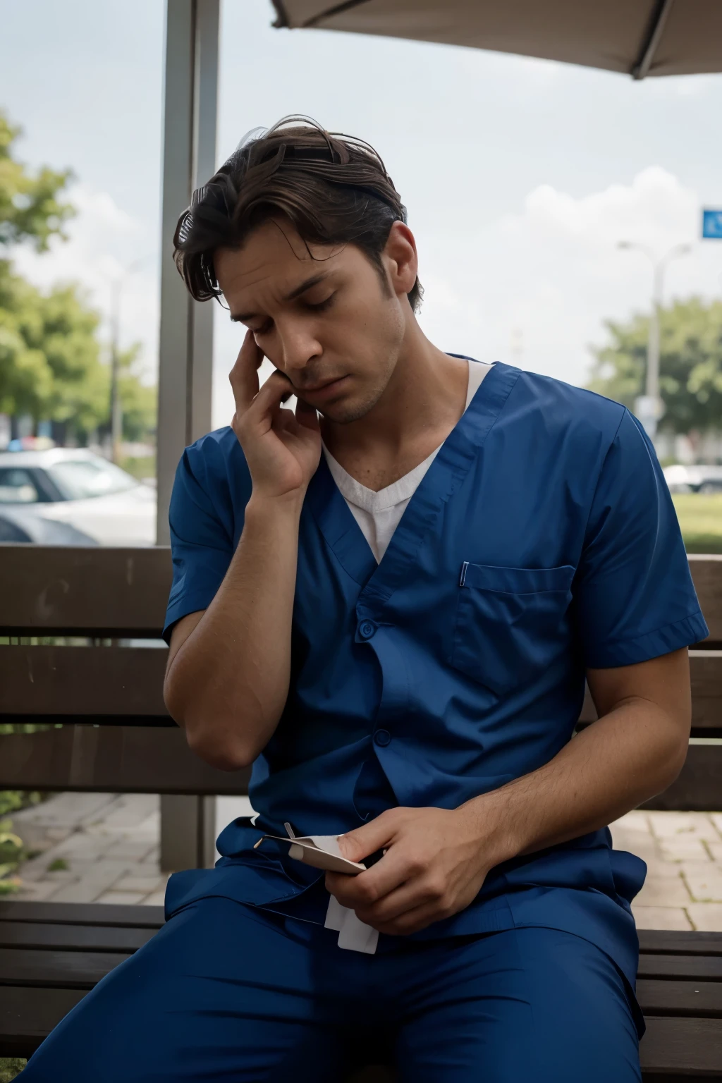 there is a man sitting on a bench with a blue scrub suit, a stock photo by Adam Rex, pexels contest winner, massurrealism, exhausted, looking exhausted, two exhausted, fake, leaked, free, sleep deprived, doctor, embarrassed, broadshouldered, er drama, devastated, worried, featured, exasperated, taking a smoke break