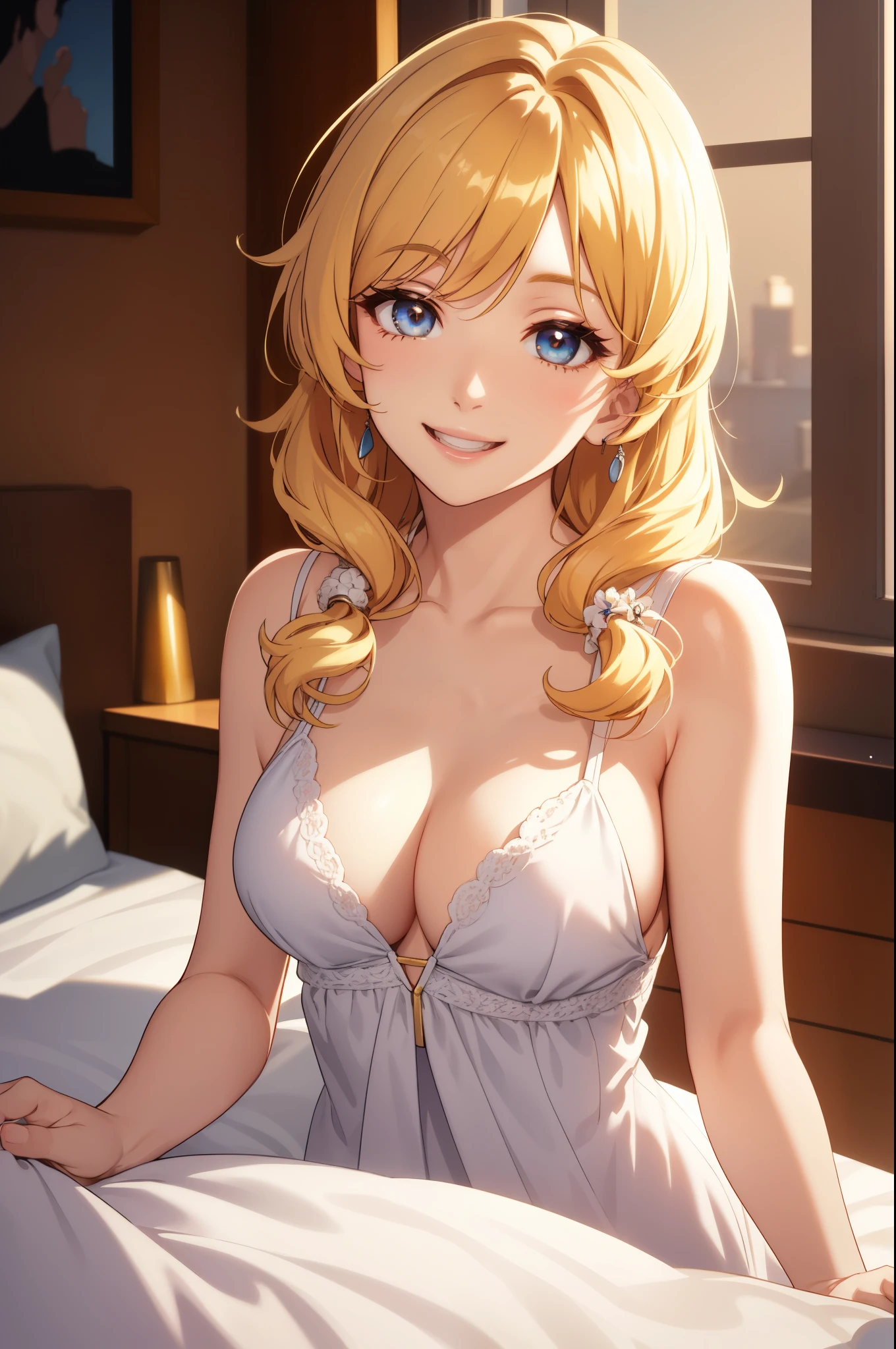 realistic, Golden hour lighting, midi dress, (Upper body), (Charming: 1), alternative hair style:1.2),(alternative hair color), ((Puffy eyes)), Facing forward, Smiling, Laughing,Middle chest, in bed room, 