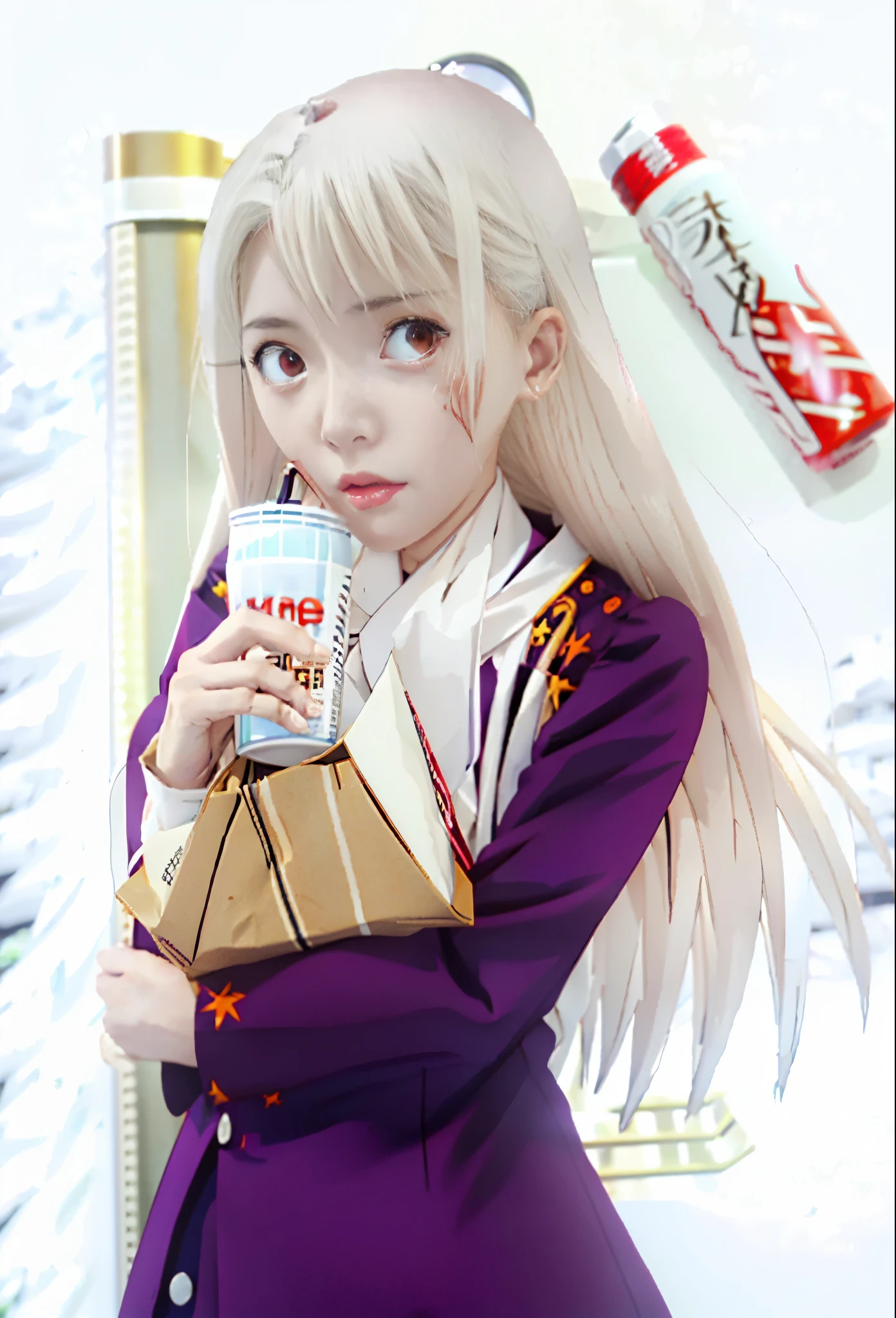 anime girl with a bag of food and a drink, yuruyuri, shikamimi, shiro from deadman wonderland, nyaruko-san, by Kamisaka Sekka, girl with white hair, anime style like fate/stay night, inspired by Kamisaka Sekka, anime girl drinks energy drink, anime girl with long hair, holding a stuff