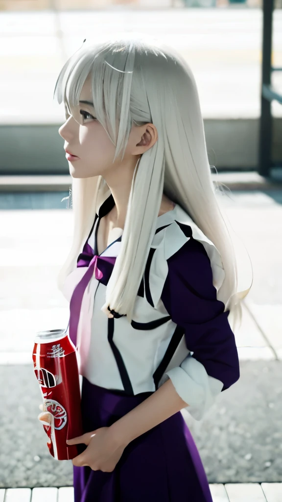 anime girl with a bag of food and a drink, yuruyuri, shikamimi, shiro from deadman wonderland, nyaruko-san, by Kamisaka Sekka, girl with white hair, anime style like fate/stay night, inspired by Kamisaka Sekka, anime girl drinks energy drink, anime girl with long hair, holding a stuff