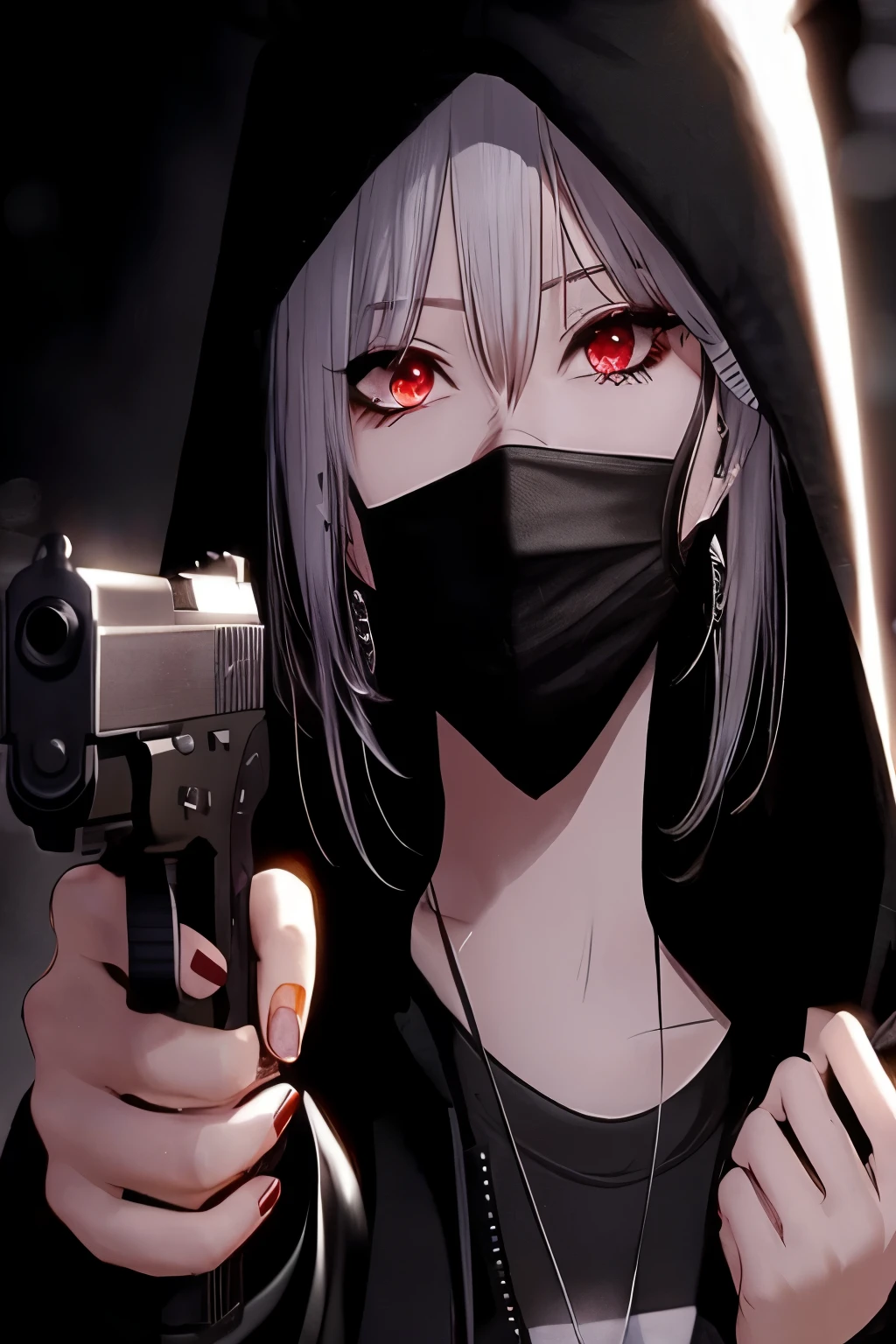 anime, girl, gun, red eyes, black hood, black hoodie, red eyes, black hoodie, black hoodie, black hoodie, black, anime style 4 k, badass anime 8 k, cyberpunk anime girl in hoodie, girls frontline style, from girls frontline, best anime 4k konachan wallpaper, style anime, anime wallpaper 4 k, anime wallpaper 4k