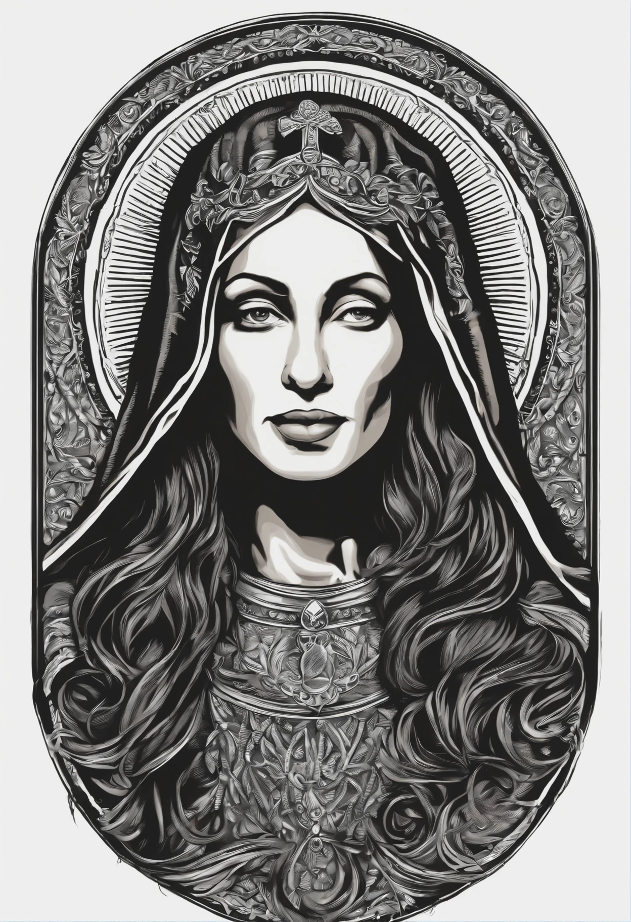 integrado, black dreadlocks skin Virgin Mary ,residencial Himmer dirigindo nas montanhas, Great detail vector graphic on a t-shirt