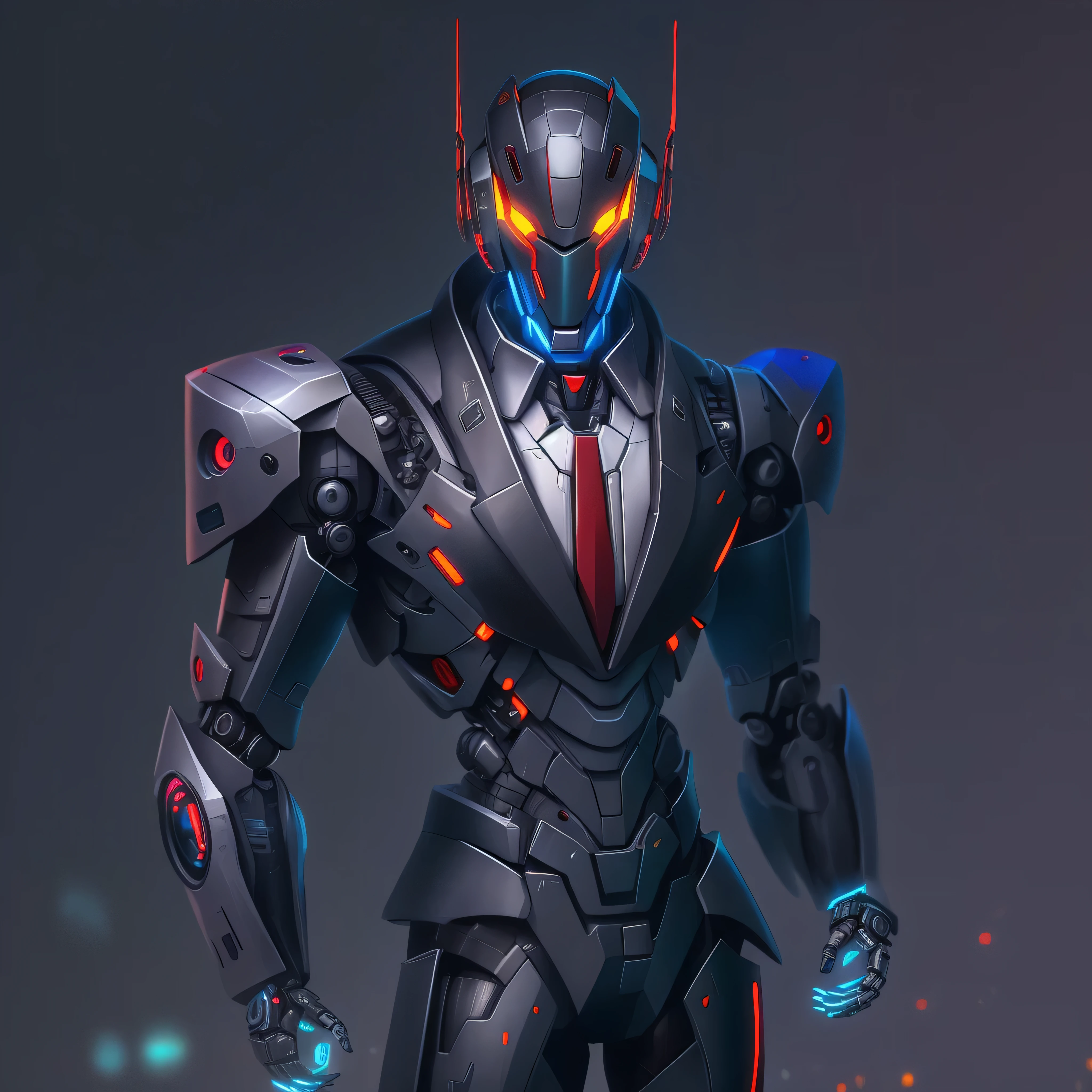 a close up of a robot in a business suit with glowing eyes, cyber business suit, mecha business suit, wears a suit of power armor, cyberpunk robot man, cyberpunk business suit, mech suit, robot suit, stylish cyborg armor, sci - fi suit, beautiful robot character design, biopunk suit, dark suit, intricate assasin mecha armor, full body mecha suit