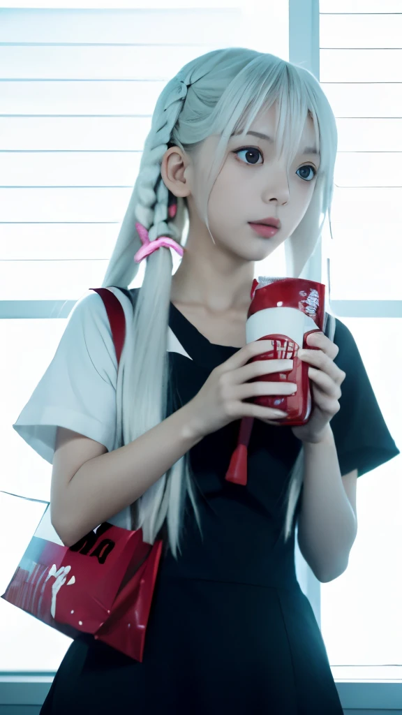 anime girl with a bag of food and a drink, yuruyuri, shikamimi, shiro from deadman wonderland, nyaruko-san, by Kamisaka Sekka, girl with white hair, anime style like fate/stay night, inspired by Kamisaka Sekka, anime girl drinks energy drink, anime girl with long hair, holding a stuff