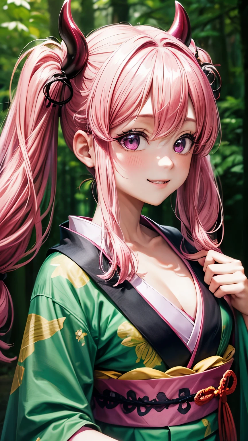 in the forest,pink hair,twin tails,kimono,nipple,smile,devil,Super high quality,masterpiece,super high quality,ultra high resolution,Highest image quality,superlative,highest quality,highest resolution,high quality,beautiful,beautiful,High quality,realな質感,real,8K,detailed,