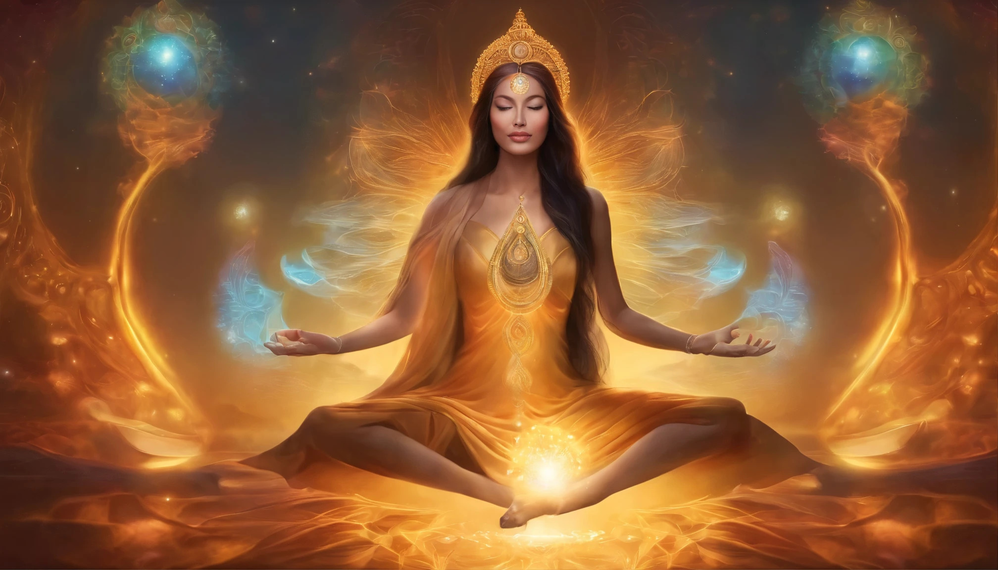 chakra이 바퀴로 연꽃 자세로 앉아있는 여자, chakra, 모든 chakra, artgerm julie bell beeple, Debian Art Art Station cgscosiety, Divine Feminine, kundalini energy, colorful artwork!!!, Colorful aura, 천골 chakra, Psychedelic Goddess, aura of power. detailed, high image quality, Perfect Fingers, perfect feet, With a light billet in your hands