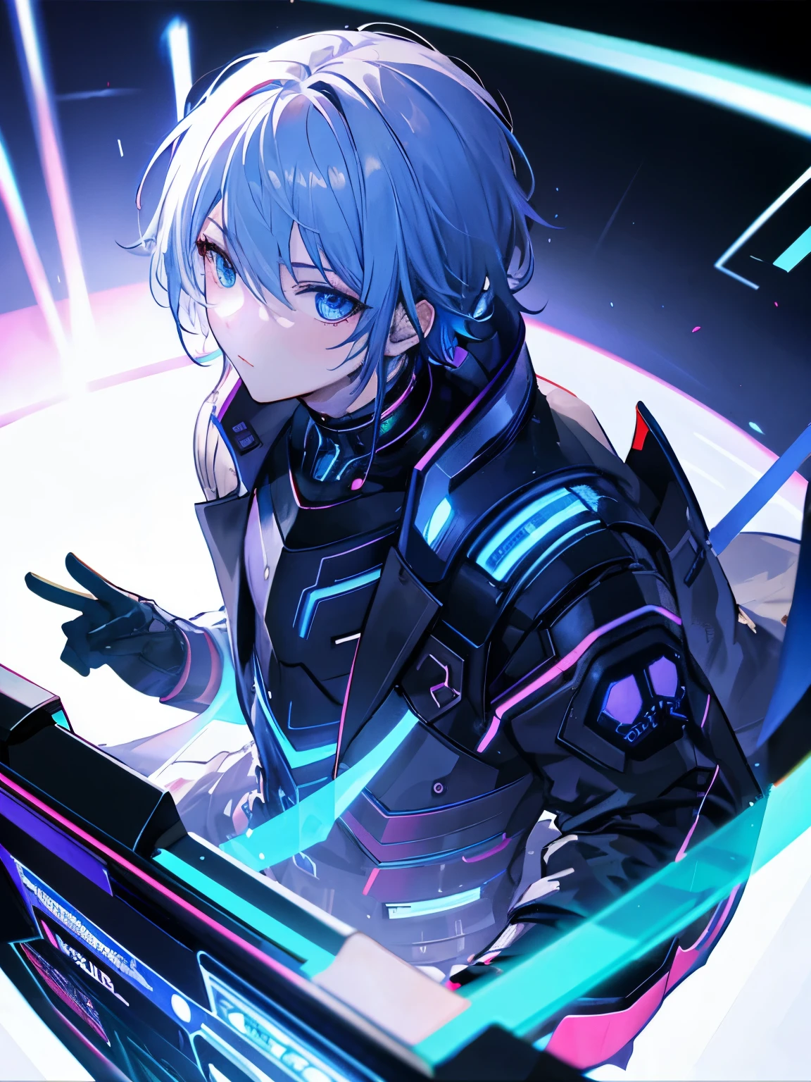 masterpiece, high quality, 1 boy, , alone, male focus, blue eyes, Black light, From above, cyber punk  