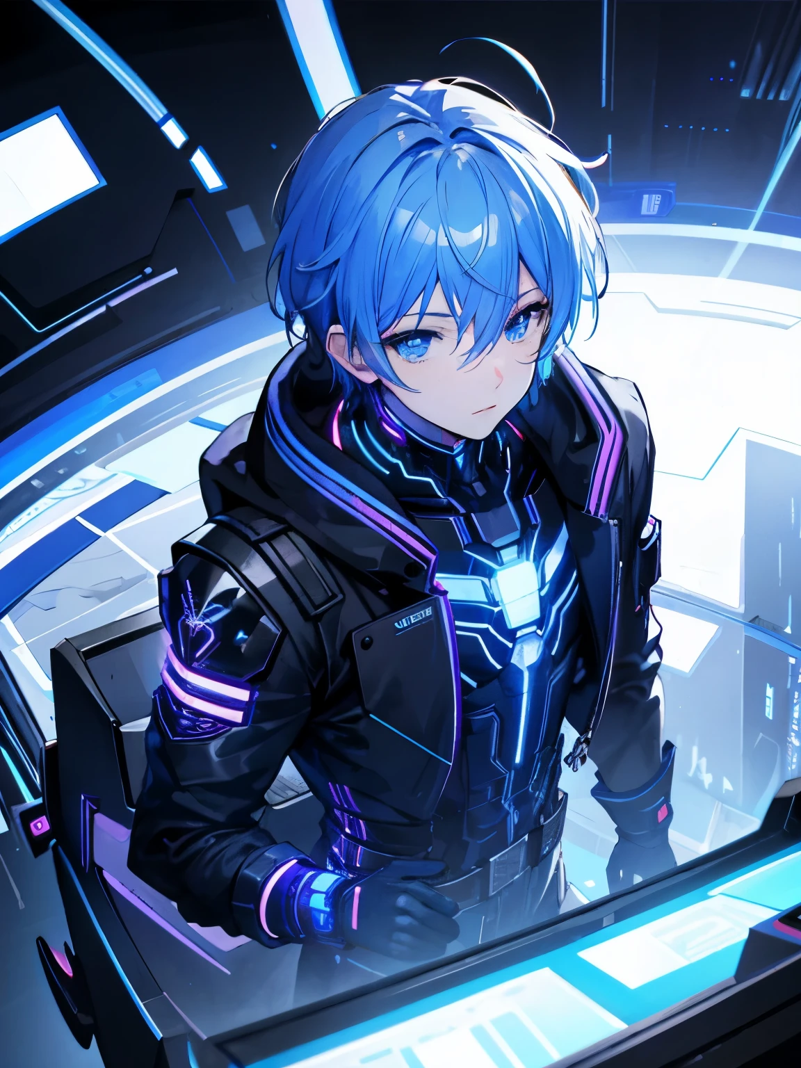 masterpiece, high quality, 1 boy, , alone, male focus, blue eyes, Black light, From above, cyber punk