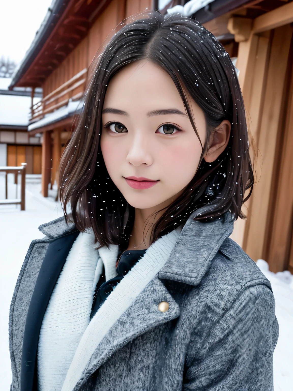 ((highest quality, 8K, masterpiece: 1.3, RAW photo)), sharp focus: 1.2, (1 Espa Girl: 1.2), (realistic, realistic: 1.37), (face focus: 1.1), cute face, kindness, small, flat chest, messy short hair,realistic pictures (japanese actress) shoulder length hair, light makeup, medium chest size, wearing a coat, in the snow, 8K high resolution, Sharp, realistic details.from outside, eye level shot, f/4.0, 135mm, fujifilm, jpeg artifact, dithering, Hmm, masterpiece