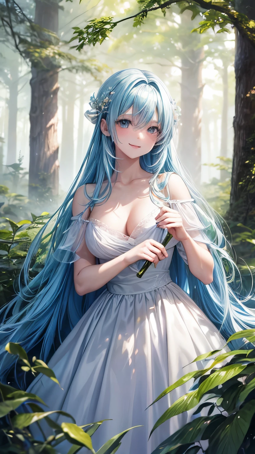 in the forest,light blue hair,straight hair,white dress,nipple,smile,Angel,Super high quality,masterpiece,super high quality,ultra high resolution,Highest image quality,superlative,highest quality,highest resolution,high quality,beautiful,beautiful,High quality,realな質感,real,8K,detailed,