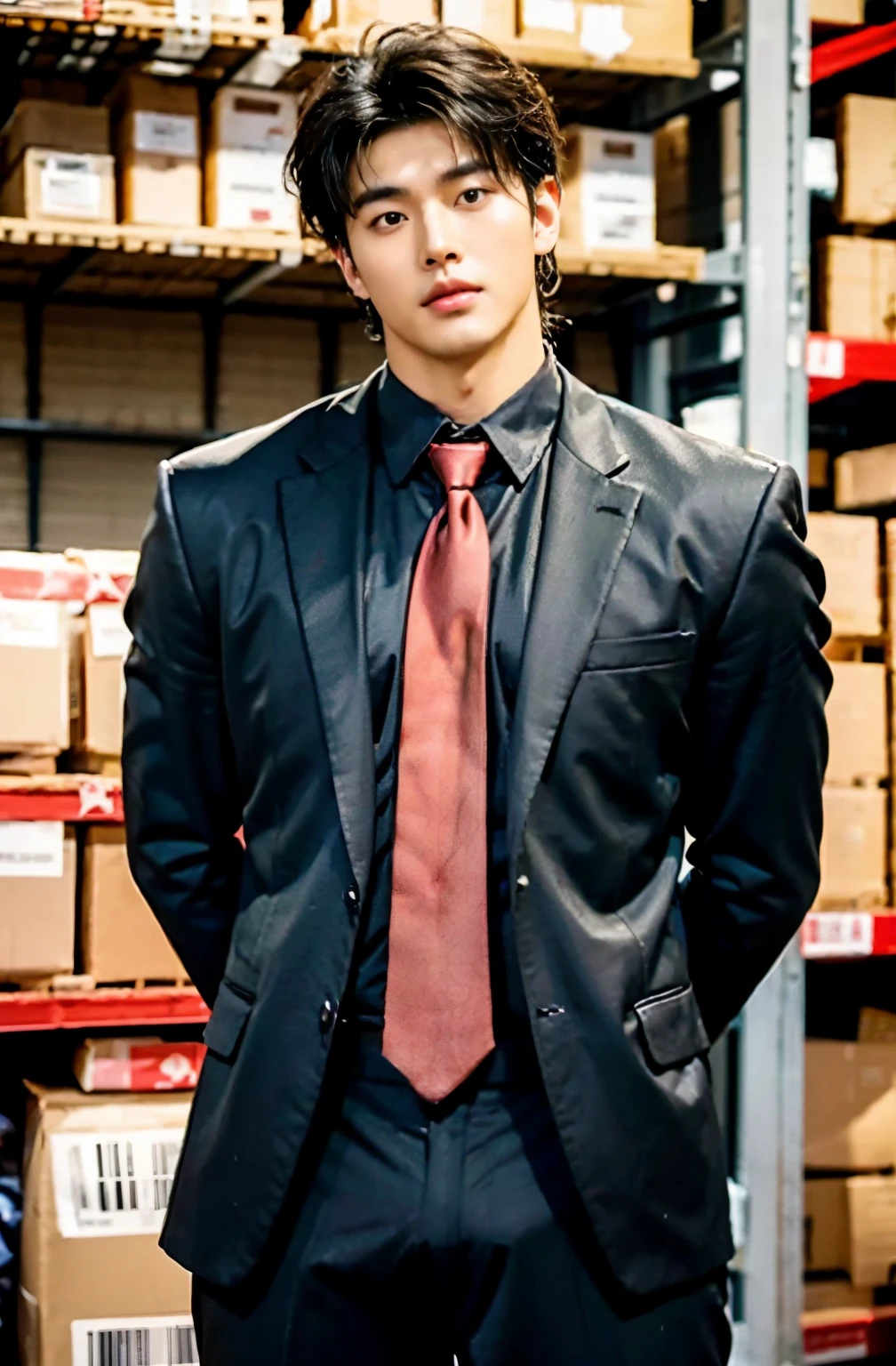 1 handsome Korean guy，29 years old，diplomat，Who is Shi Yu?, Li Yuanbin, Kim Hyung Tae, Kim Hyung Tae,,Kim Hyung Tae, Yin Shishan, Handsome athletic guy，Broad shoulders and narrow waist，sexy masculine，One was wearing a black suit，Handsome guy wearing red tie, Form-fitting fabric contours the bust，in a remote warehouse，hands tied behind back。hands tied behind back，Masculine and handsome，High，Muscles look good，hairy body，Wheat complexion，black eyes（thin eyes 1：3），whole body image