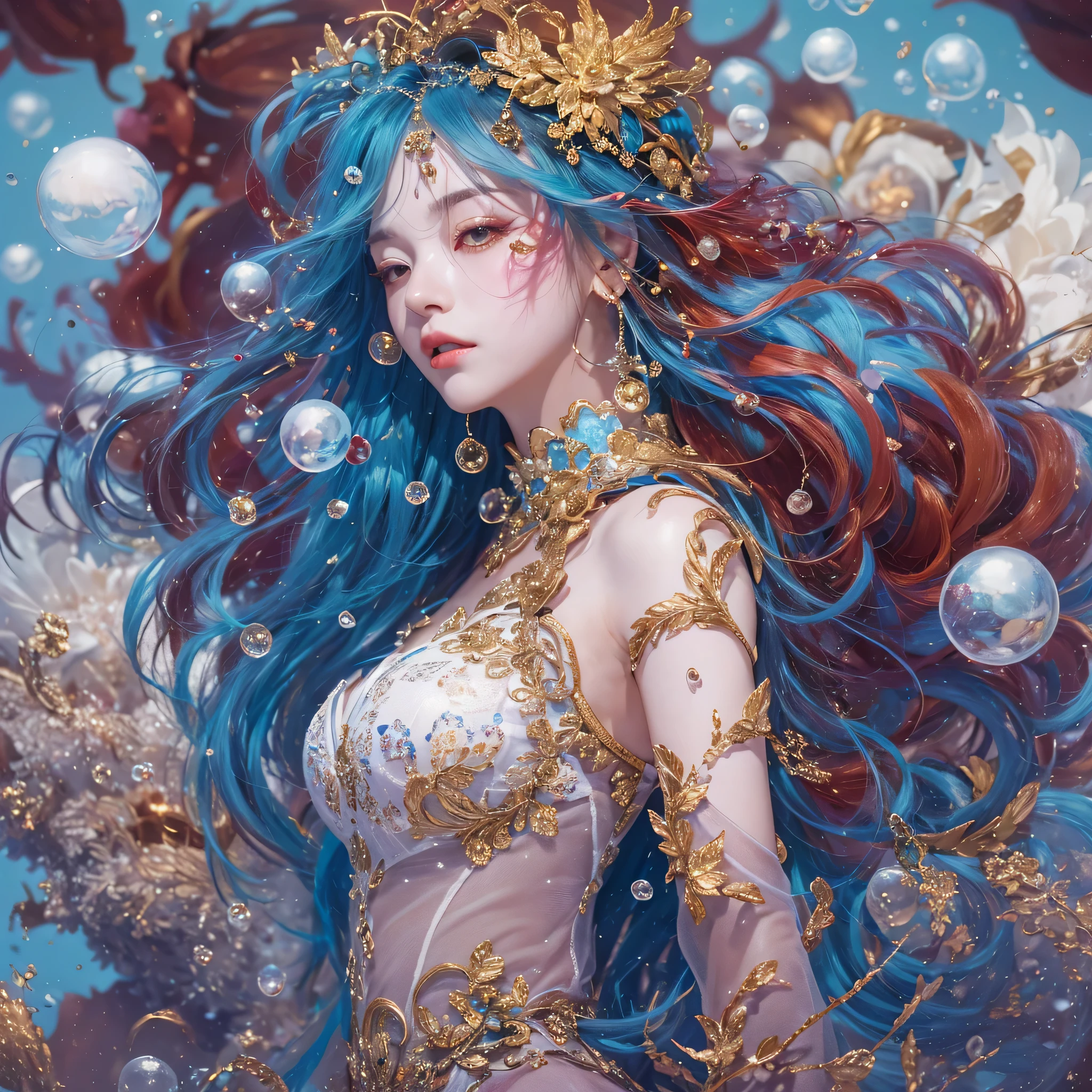 best qualtiy,tmasterpiece,超高分辨率,(photograph realistic:1.4),ultra-realistic realism,Dream-like,The beautiful blue goddess wears a phoenix peacock on her head, Nautilus, a betta fish,The creation of fantasy,Brain conch,Dream Conch,Biopunk Nautilus,Thrilling color scheme, ultra-realistic realism, abstracted, psychedelia,