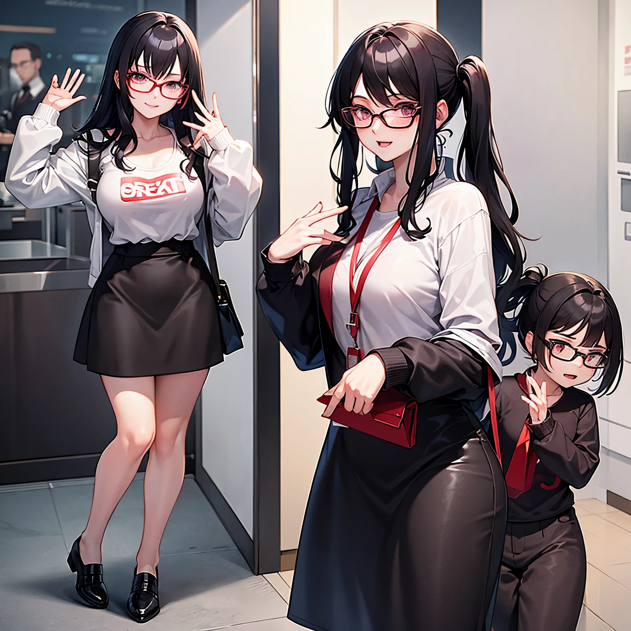 Hot anime mommy, black hair, maroon eyes, wearing glasses , full body,