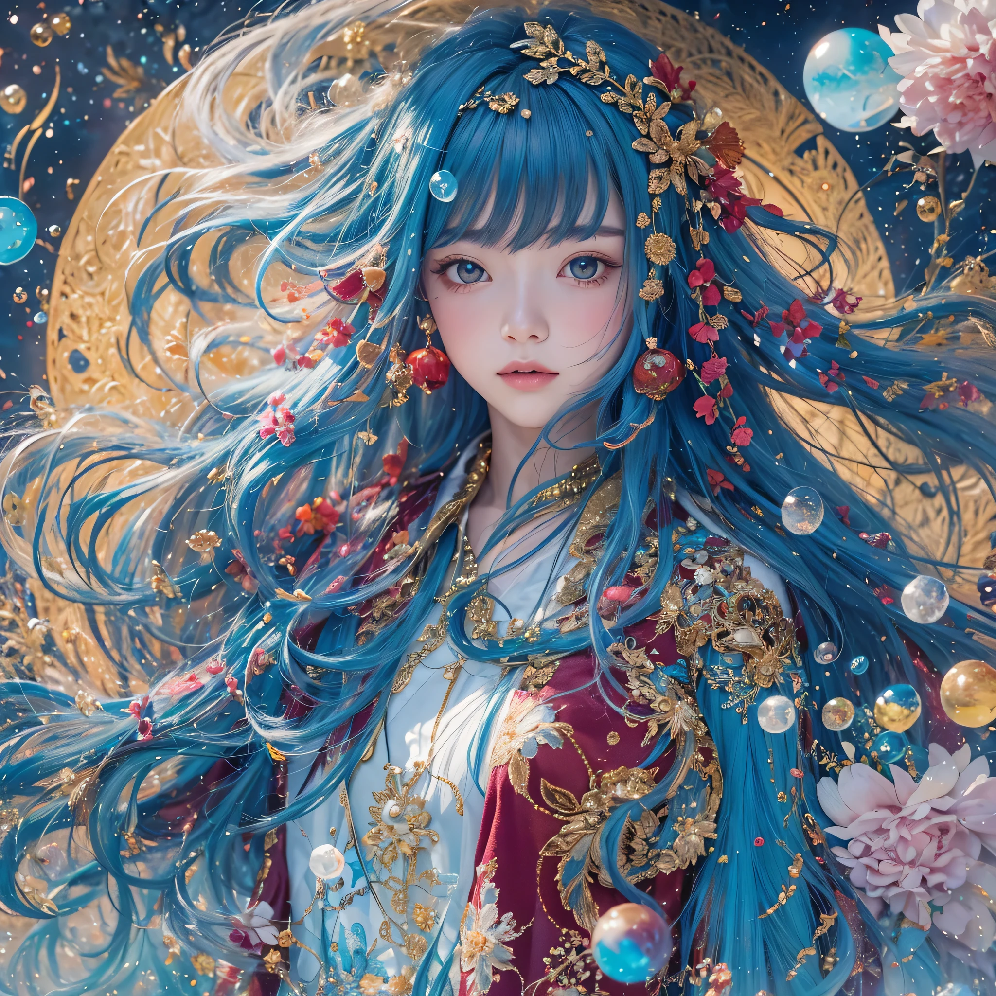 Egg system, blue,enamel,agate,A flesh-colored world,Blood Blue Maiden 32k(masterpiece,HD,Aoyama Pond,Ultra high quality,32k)long flowing bright blue hair,blood pool,Ziddink, a color,Grumpy (After greeting), (Linen scarf), fighting stance, looking at the ground, long white hair, Floating bright blue, Fire cloud gold headdress, Chinese long-sleeved gold silk burgundy garment, (Abstract metaverse splash:1.2), White background,Peony flower vitality protector(realistically:1.4),bright purple hair,Smoke on the road,The background is very pure, high resolution, detail, RAW photos, Sharp Re, Nikon D850 film photo by Jefferies Lee 4 Kodak Portra 400 camera F1.6 guns, colorful, Ultra-realistic and vivid textures, dramatic lighting, Unreal Engine Art Station Trend, Sinest 800,一个有着long flowing bright blue hair的女孩,huge colorful bubbles