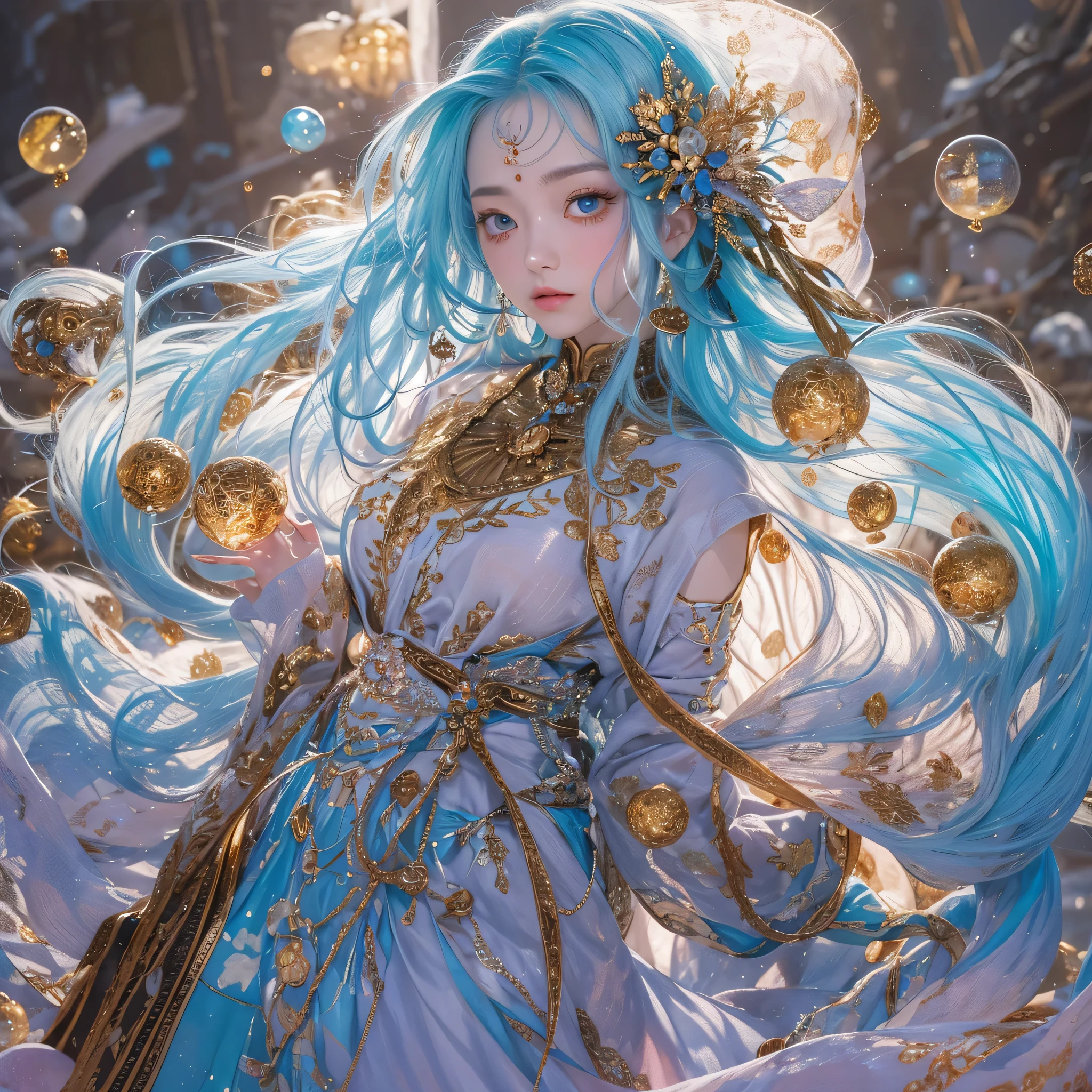 Egg system， blue，enamel，agate，A flesh-colored world，Blood Blue Maiden 32k（masterpiece，HD，Aoyama Pond，Ultra high quality，32k）long flowing bright blue hair，blood pool，Ziddink， a color，Grumpy （After greeting）， （Linen scarf）， fighting stance， looking at the ground， long white hair， Floating bright blue， Fire cloud gold headdress， Chinese long-sleeved gold silk burgundy garment， （Abstract metaverse splash：1.2）， White background，Peony flower vitality protector（realistically：1.4），bright purple hair，Smoke on the road，The background is very pure， high resolution， detail， RAW photos， Sharp Re， Nikon D850 film photo by Jefferies Lee 4 Kodak Portra 400 camera F1.6 guns, colorful, Ultra-realistic and vivid textures, dramatic lighting, Unreal Engine Art Station Trend, Sinest 800，一个有着long flowing bright blue hair的女孩，huge colorful bubbles