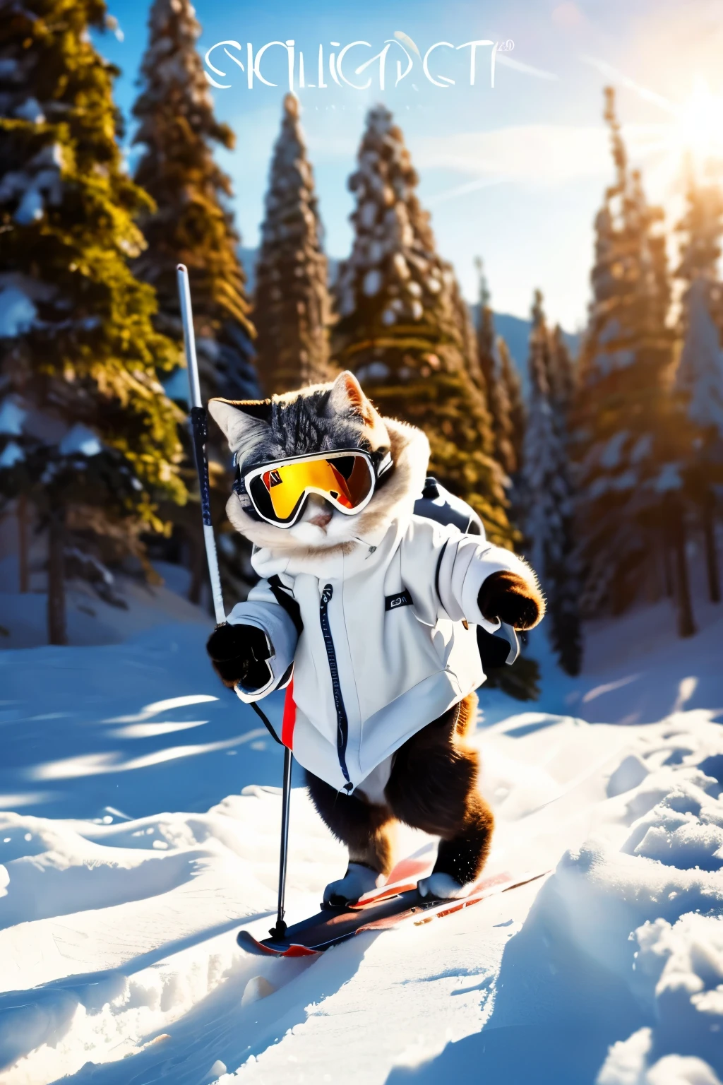 The cat is skiing with ski poles in its paws, masterpiece,cat,winter,animal wearing clothes,winter,cool,daytime,active,leisure,adventure,white,goggles,pet fashion,four-legged,photo,depth of field,no captions