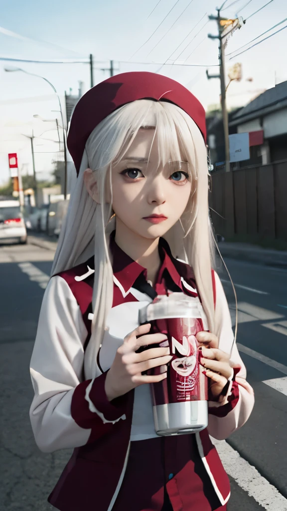 anime girl with a bag of food and a drink, yuruyuri, shikamimi, shiro from deadman wonderland, nyaruko-san, by Kamisaka Sekka, girl with white hair, anime style like fate/stay night, inspired by Kamisaka Sekka, anime girl drinks energy drink, anime girl with long hair, holding a stuff