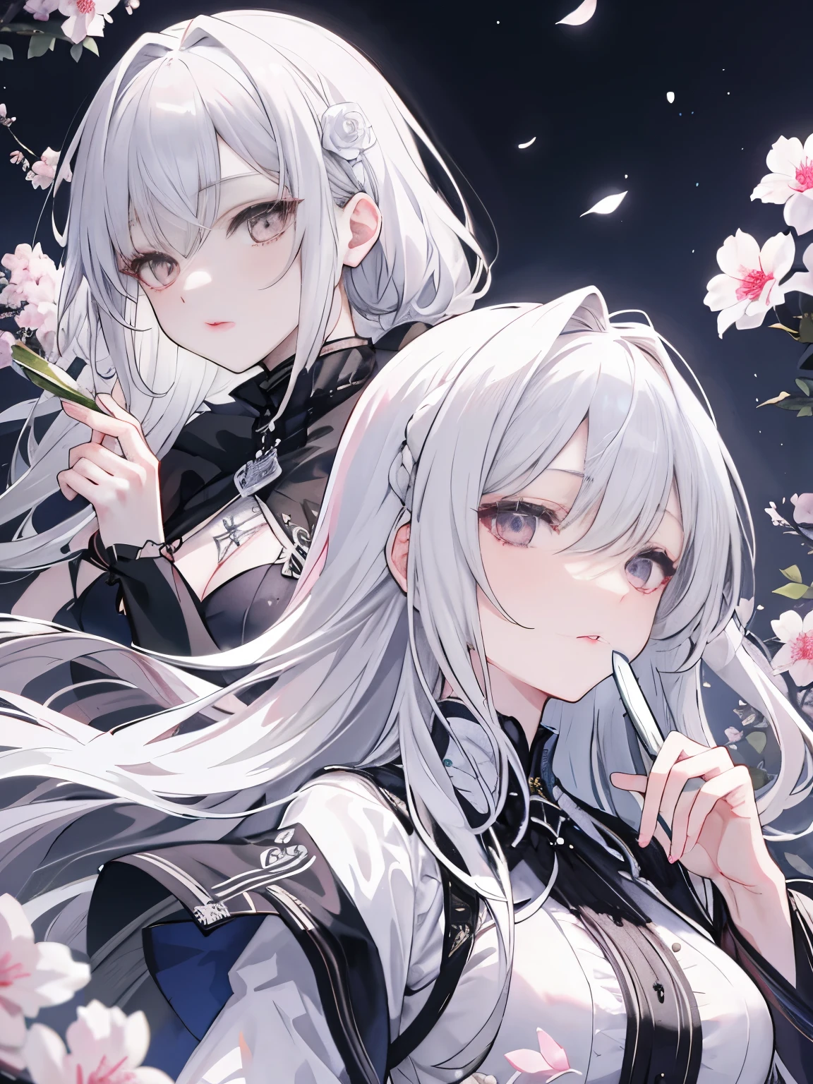 Masterpiece Best Night Full Moon 1 Female Mature woman Older sister Yuu-onee-san Cold face Expressionless Silver-white long-haired woman Pale pink lips Calm and intelligent Three-band Gray eyes Assassin Short knife, flowers, hand details, finger details,