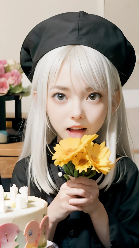 anime girl with a hat and a bouquet of flowers, yuruyuri, anime hi-fructose, anime food, sh, shikamimi, , hajime yatate, nightcore, hanayamata, senko-san, official artwork, yoko taro, white haired deity, anime visual of a cute girl, eating cakes