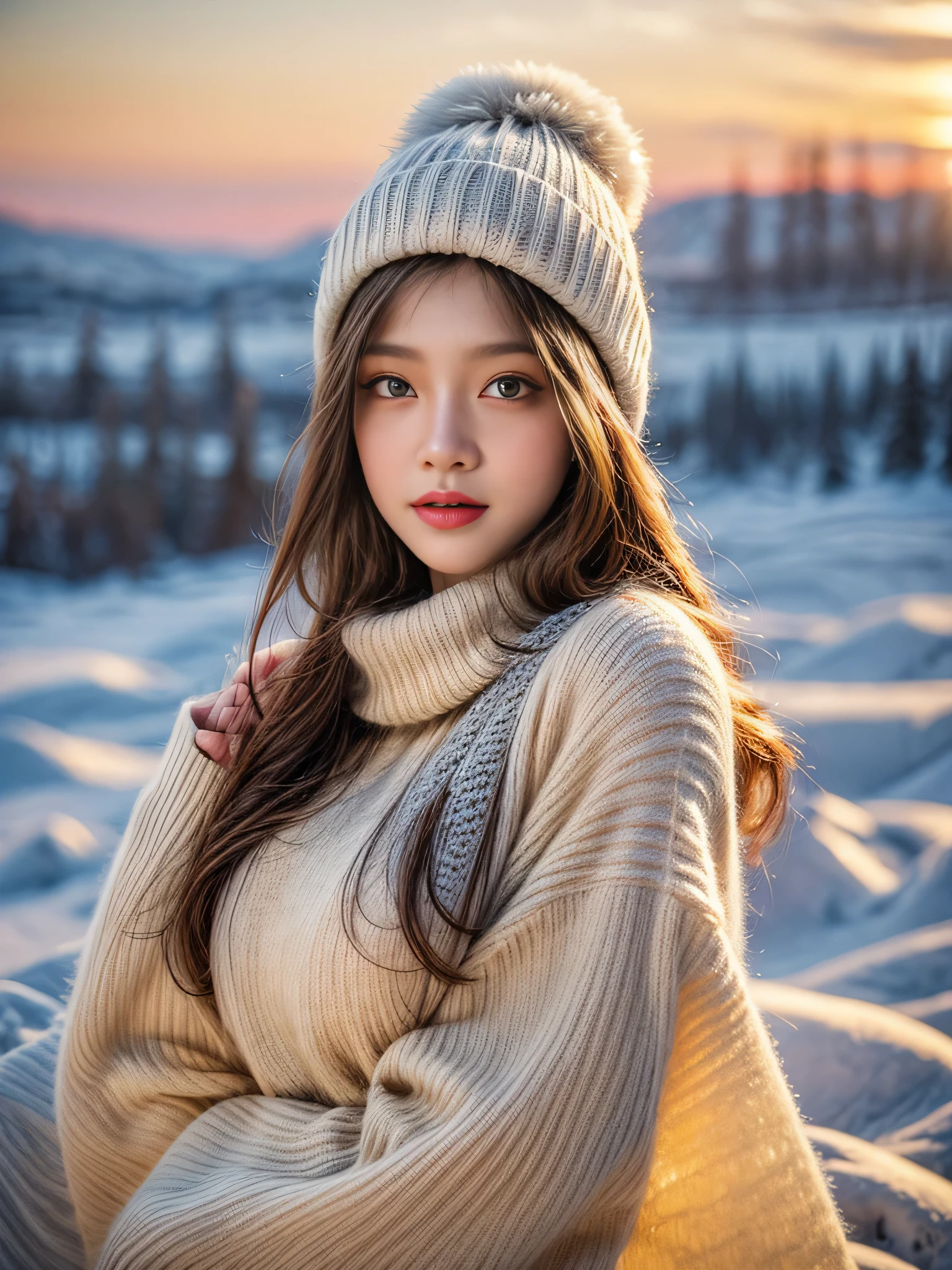 masterpiece, best quality, 8k, top quality, 1 girl, 23 year, elegant, detailed background, snow background, sun set lighting, knit hat, feminine figures, intricately detailed